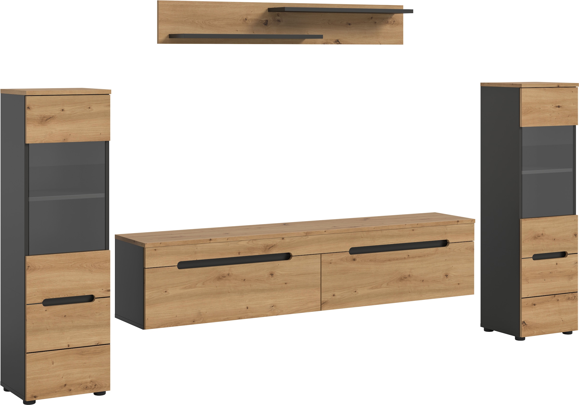 Home affaire Wohnwand »REHAT, 4-teilig, wahlweise stehend und hängend montierbar« Set bestehend aus: 2x Vitrine, Lowboard und Wandboard, 3 Stk. tlg.