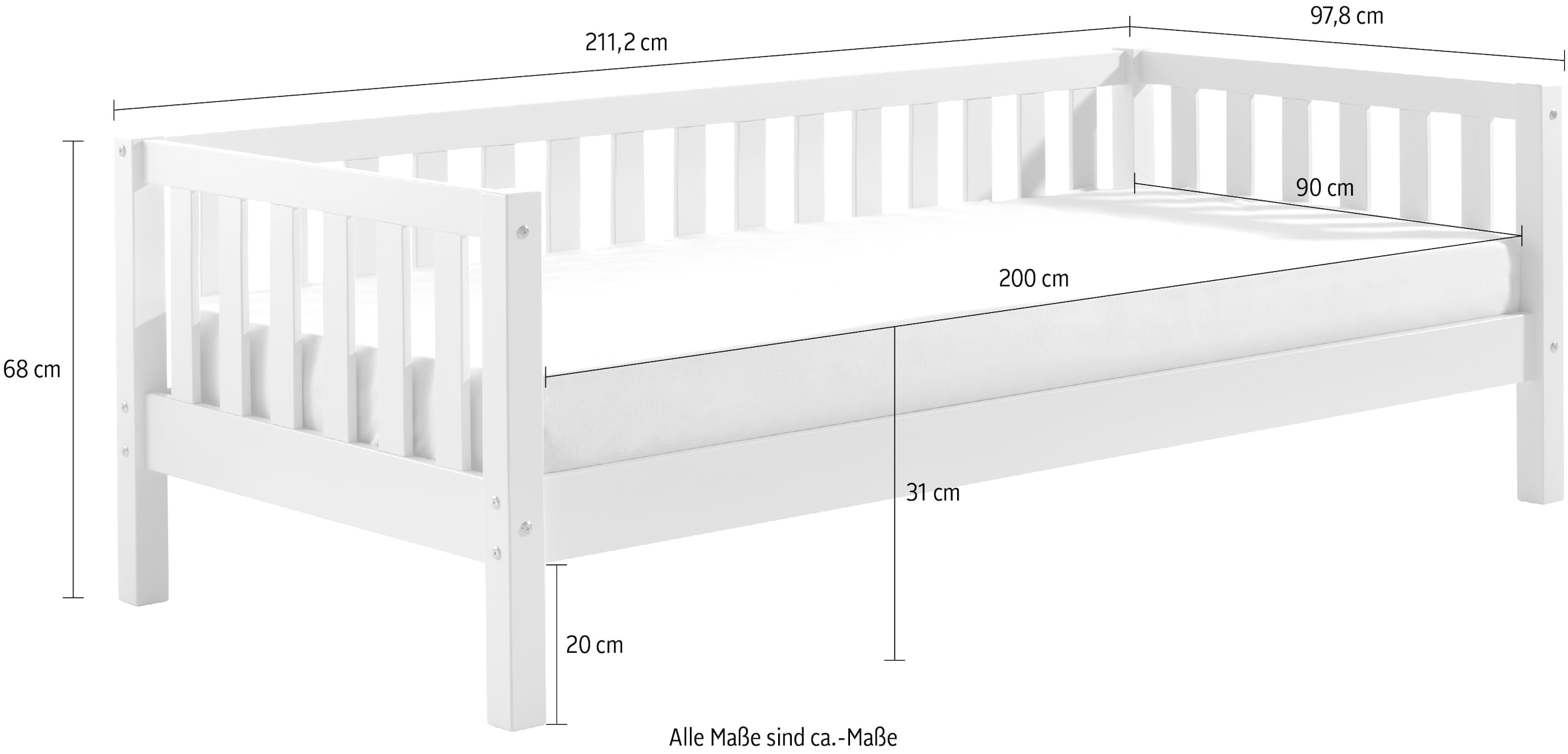 Vipack Lit simple »Sprossenumrandung, Kiefer massiv, stabil gebaut und zeitloses Design« L/H/P env. 211,2x68x97,8 cm, version pin laiteux ou blanc,  incl. sommier à lattes, avec ou sans tiroir de lit