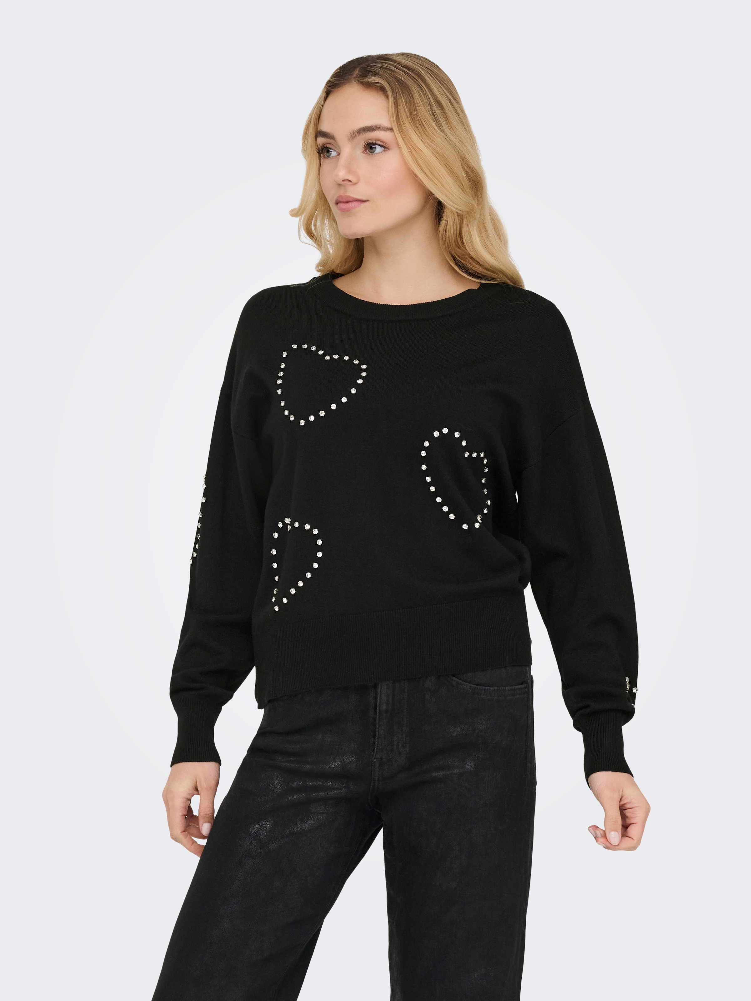 ONLY Pull à col rond »ONLBEE LS HEART BLING O-NECK CC KNT« mit Glitzersteinen