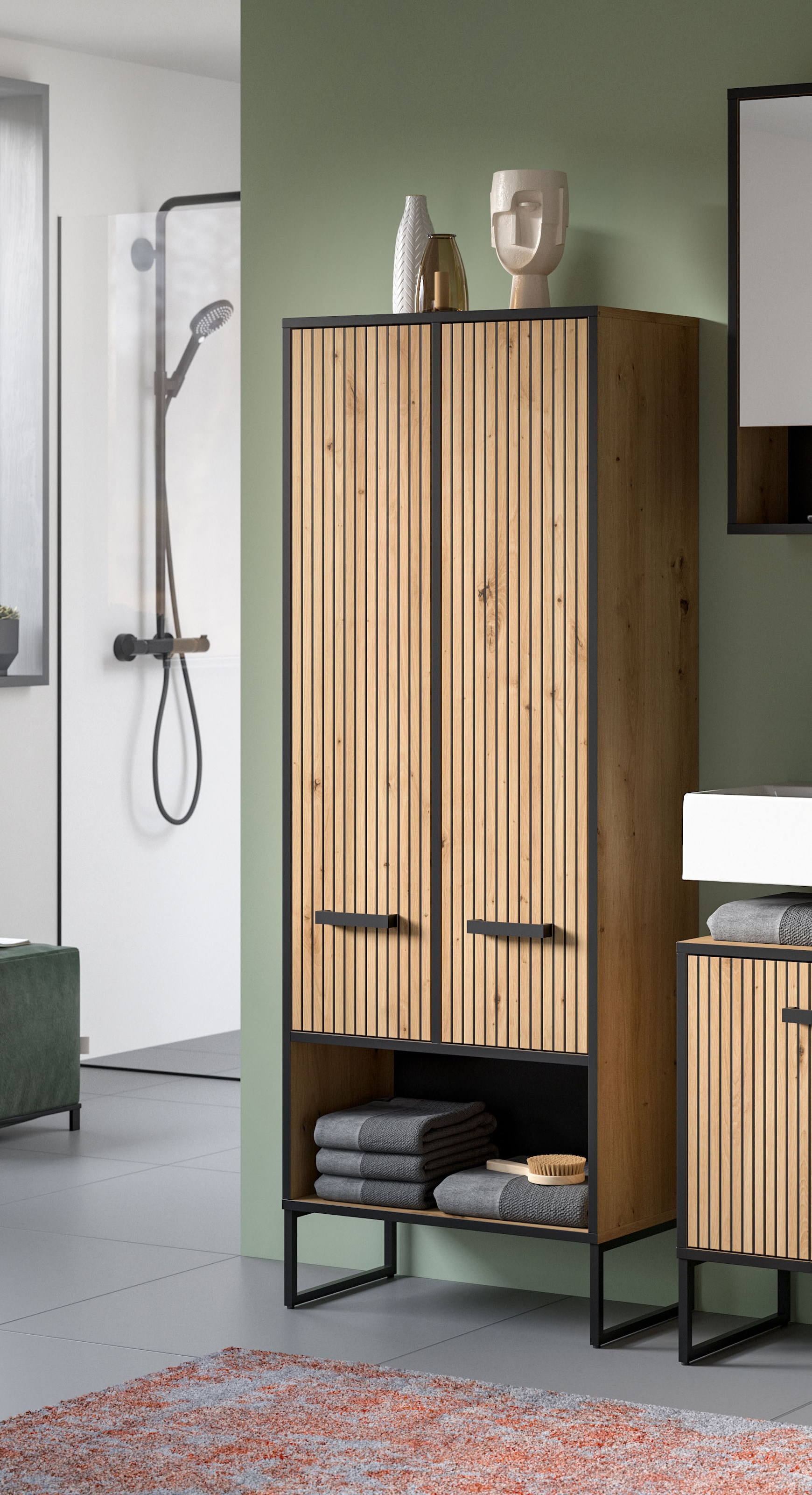 welltime Armoire haute »LOCRI, Höhe 159 cm, 2 Türen, 6 Einlegeböden, 1 offenes Fach« Look industriel avec rainures & patins métalliques, 1 cuis tlg. semelles intérieures variables, design moderne, armoire de salle de bain, salle de bain