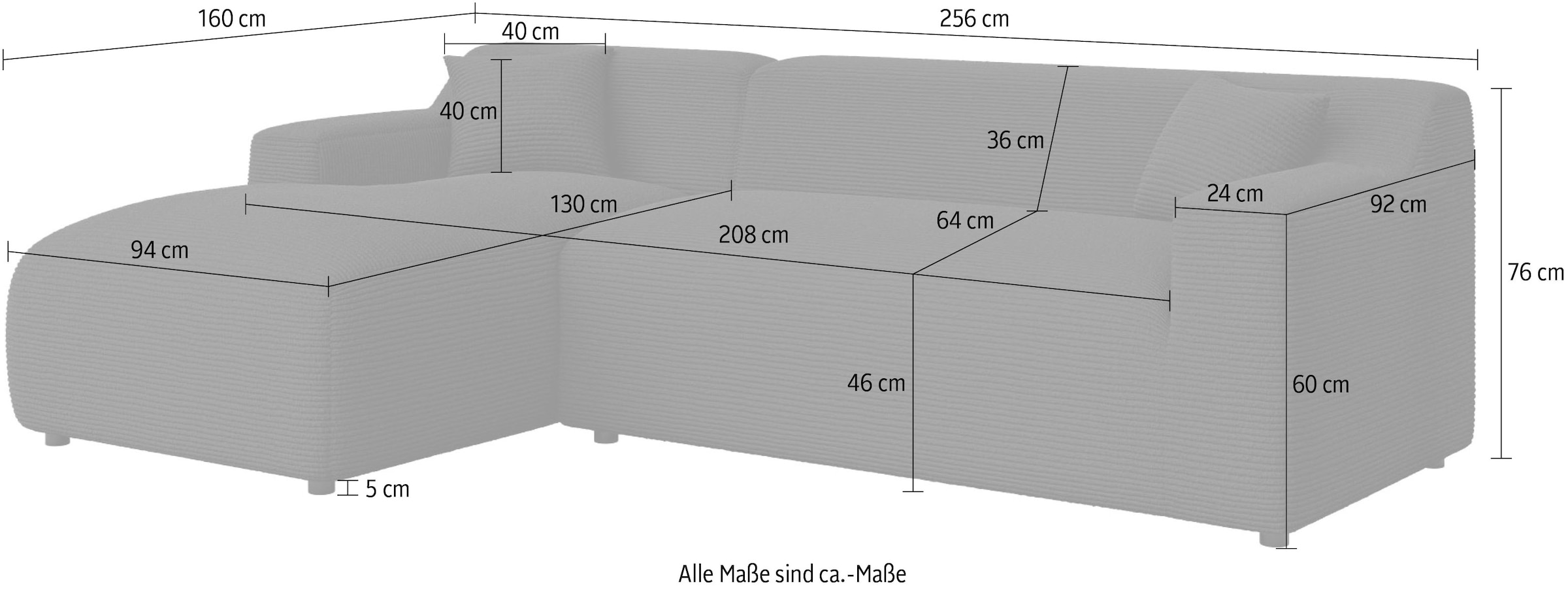 Home affaire Ecksofa »LILLIANA Designsofa, L-Form mit Recamiere rechts/links bestellbar« L-Form mit Wellenunterfederung, Masse B/T/H: 256/160/76 cm