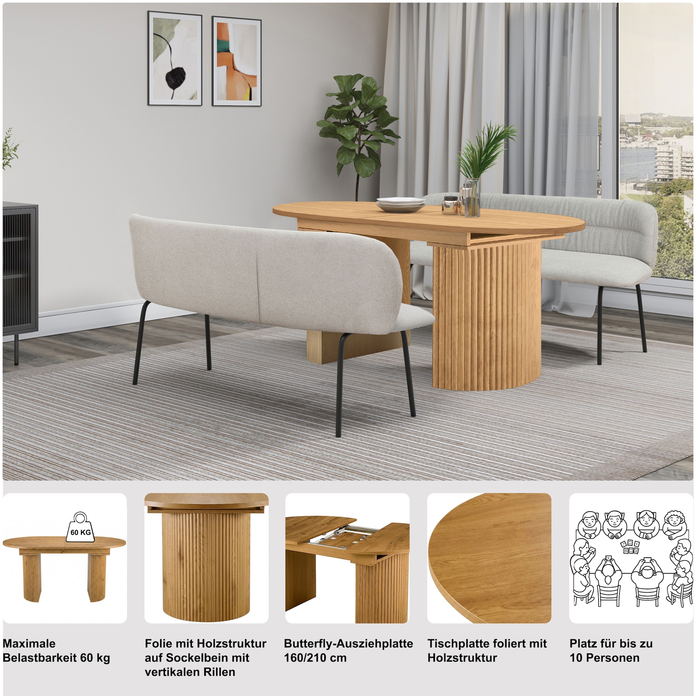 GOODproduct Esstisch »Gartempe« ausziehbar 160-210 cm, Synchronauszug, inkl Einlegeplatte, Breite 90cm
