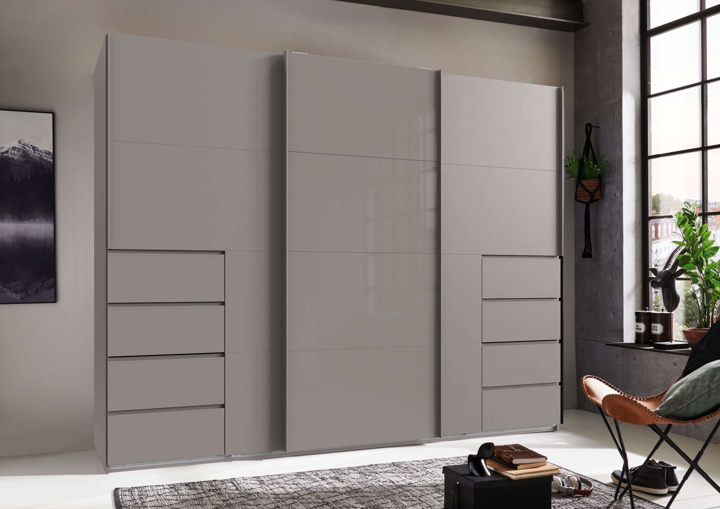 Wimex Armoire à portes coulissantes »Bali in den Breiten 225cm & 270cm, Kleiderschrank mit Glaselement« Schrank mit 3 Türen, in den Farben: grafit oder saharagrau erhältlich