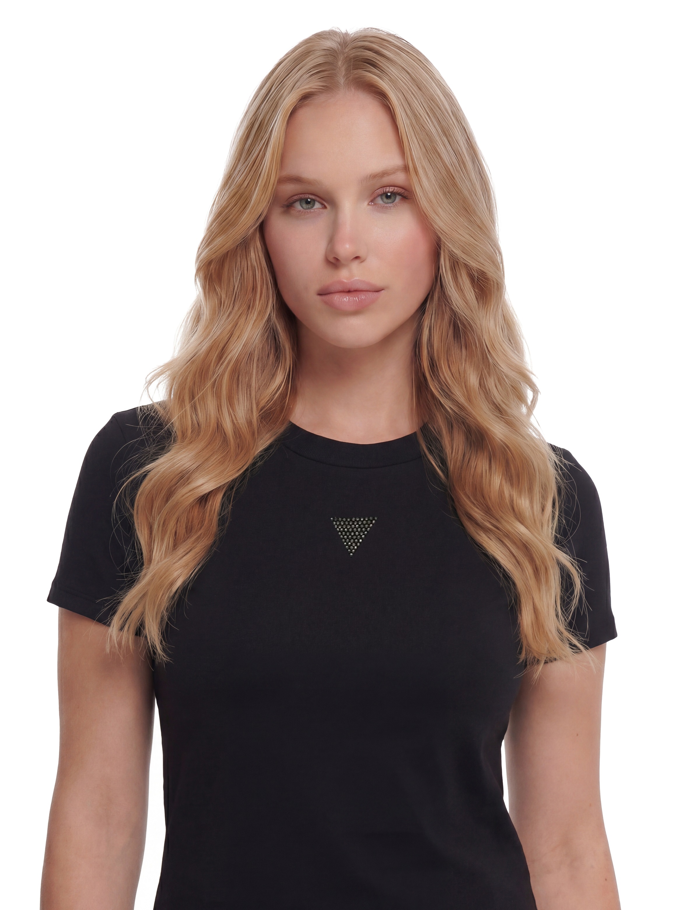 Guess Stehkragenshirt »SS LICIA MOCK NK TOP« mit Strass-Logo, Viskosemix