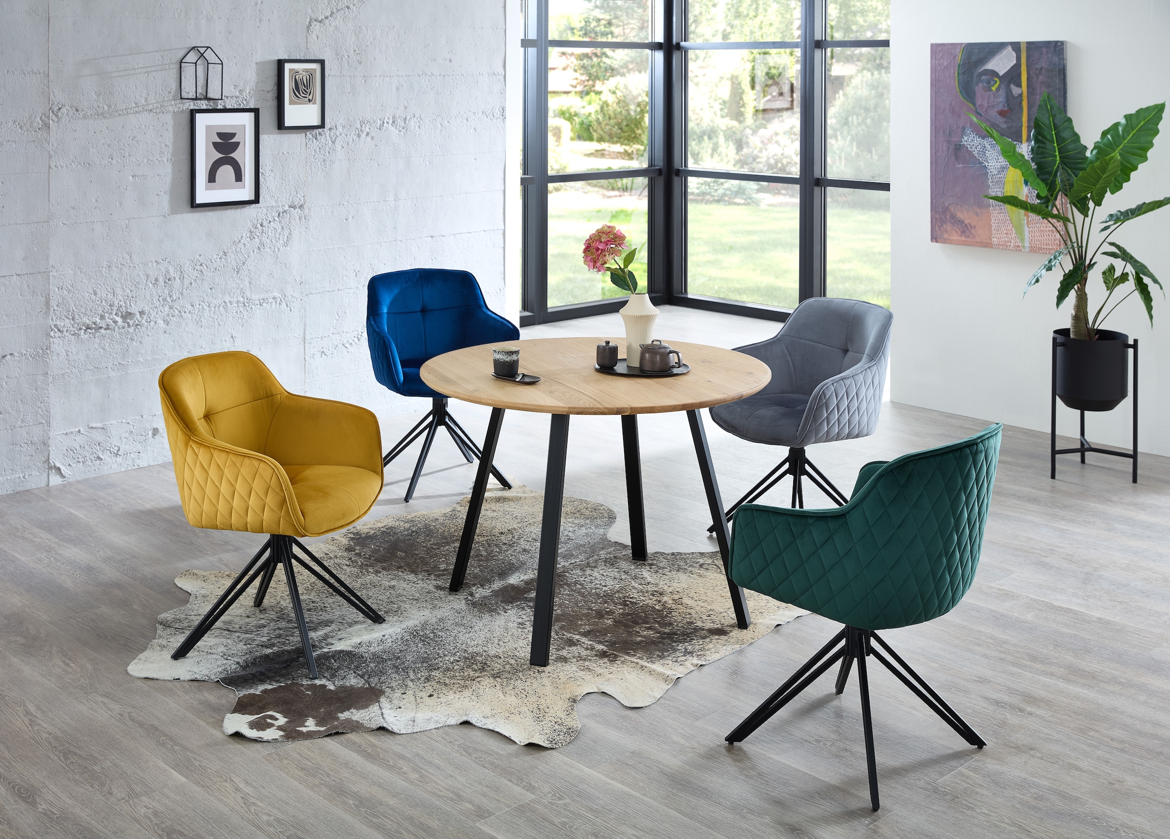 Stolkom Esstisch »Nils Massivholz rund, Esszimmertisch Eiche, BxH 110x75 cm« Stabiles 4-Fuss Metallgestell, Boden bis Unterkante Tisch ca. 69 cm