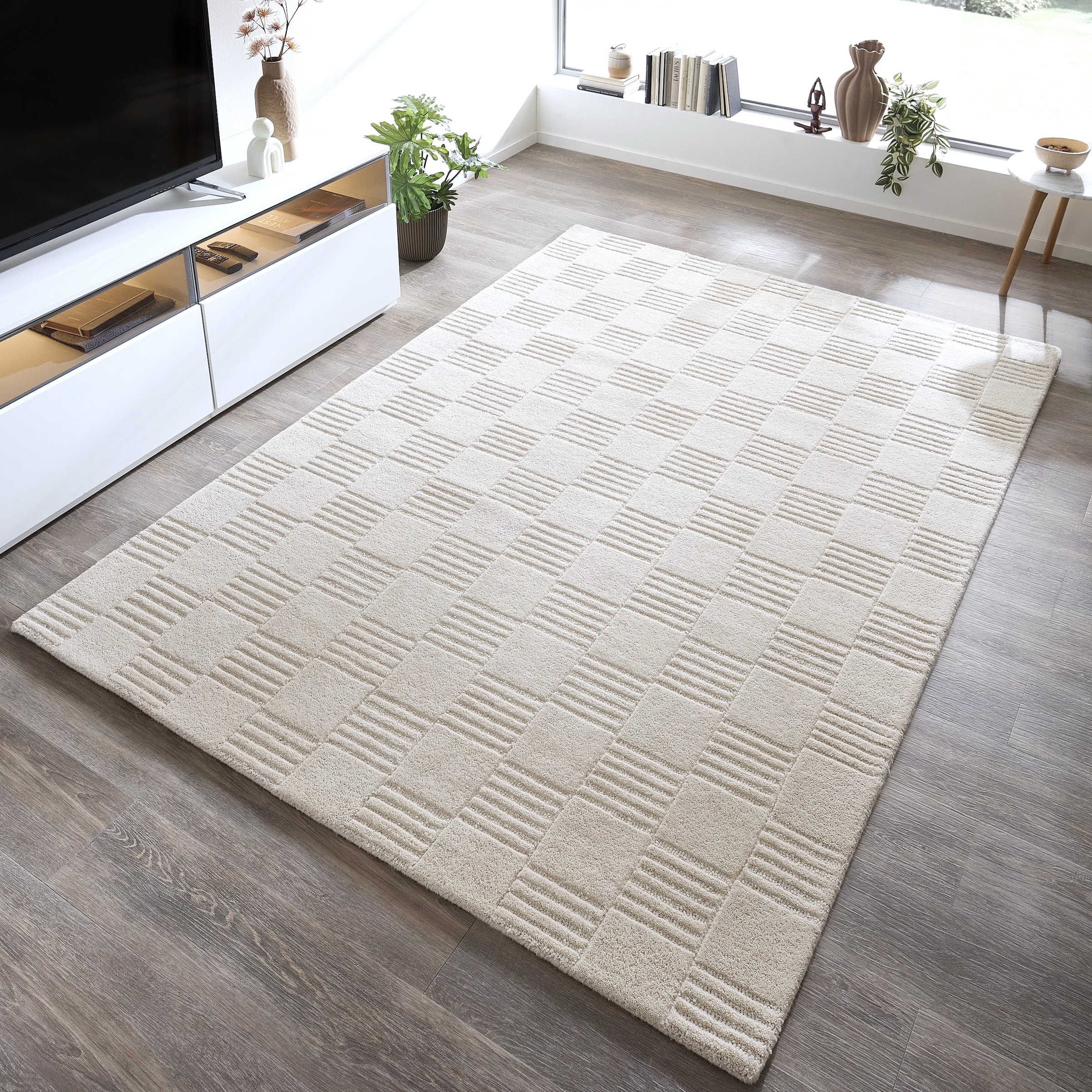 my home Tapis en laine »Motala, Handgefertigt, Wolle, Hoch-Tief-Effekt,« Rectangulaire 14 mm Höhe einfarbig, 3D-Design, Wohnzimmer, Schlafzimmer, Esszimmer