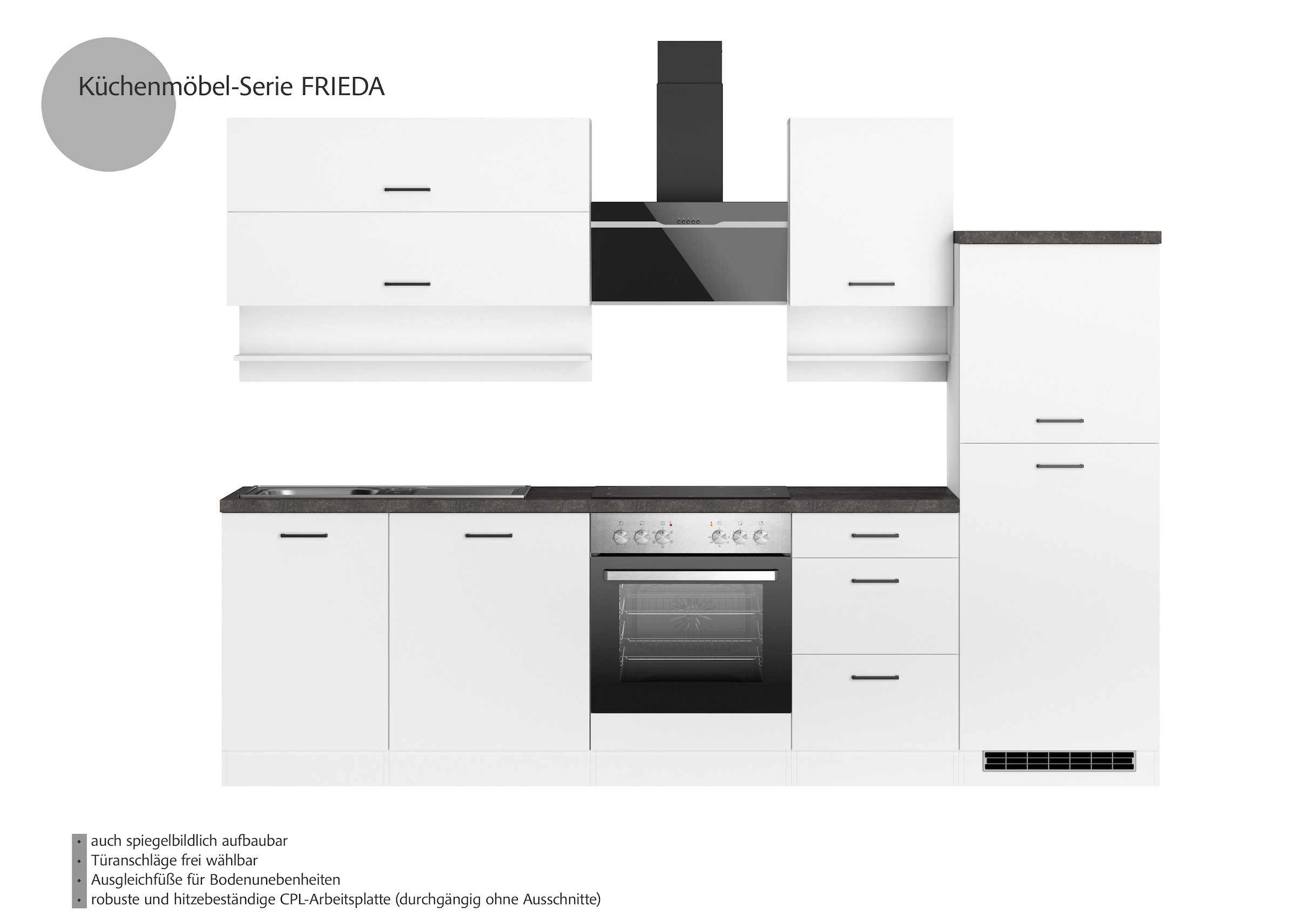 KOCHSTATION Kitchenette »KS-Frieda Breite 280 cm« au choix avec appareils électriques, avec plan de travail épais de 38mm