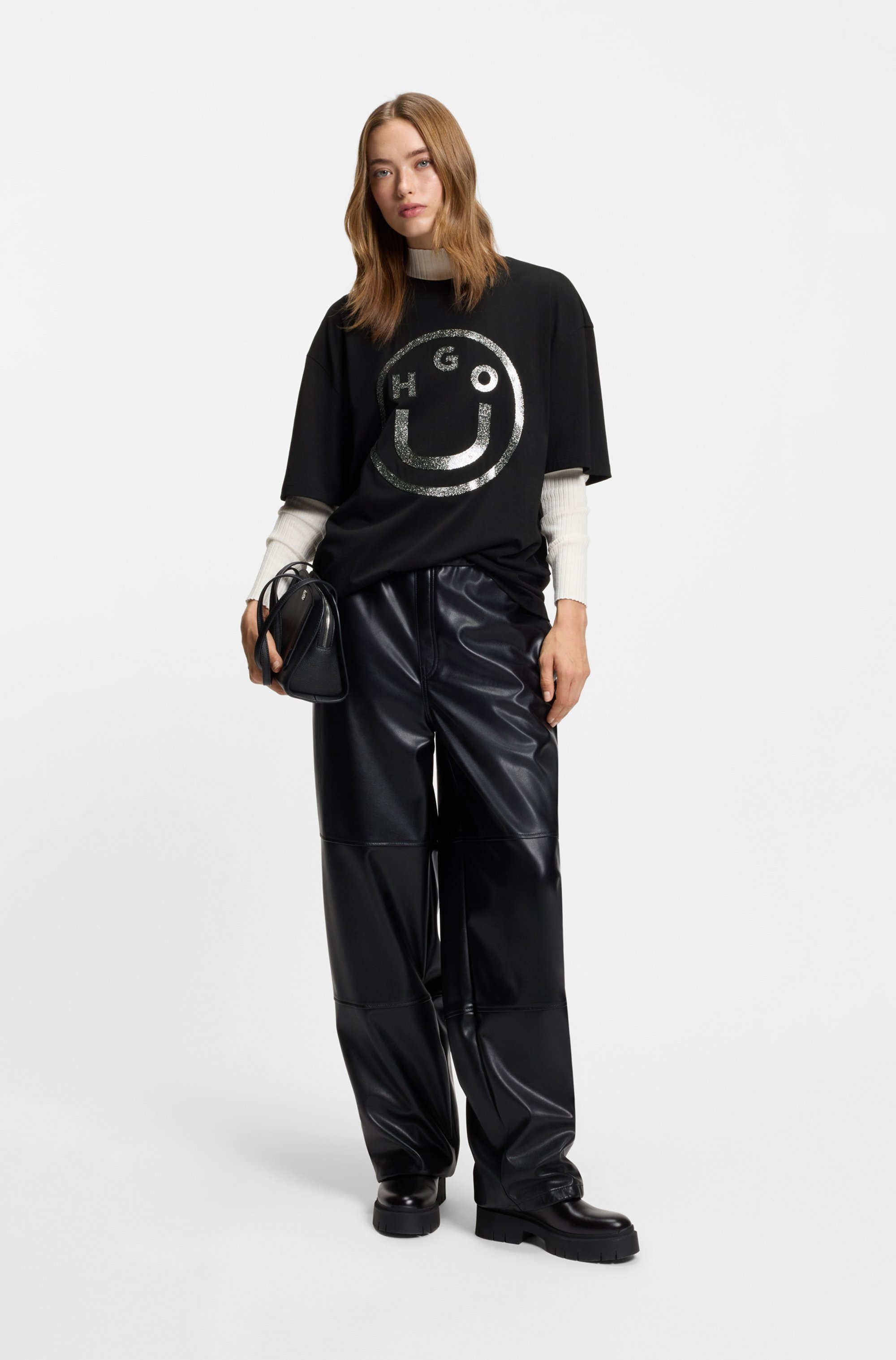 HUGO Blue Shirt à col rond »Oversized Tee« Happy Hugo Print, unisex