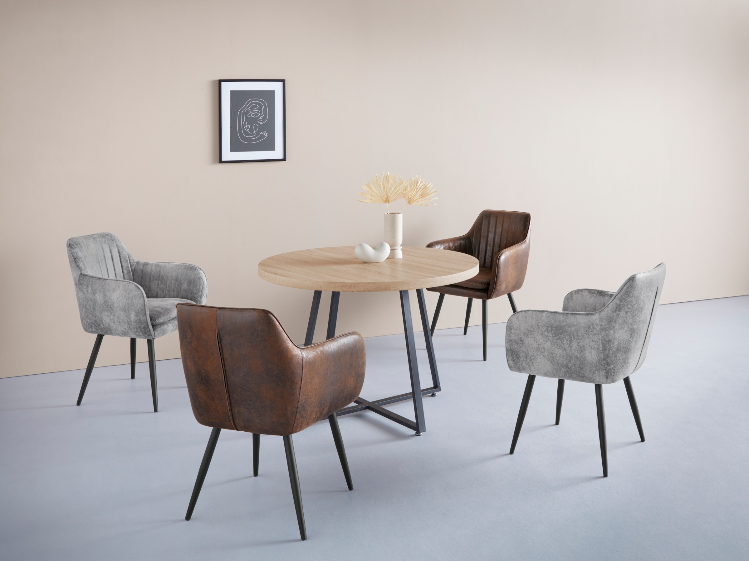 GOODproduct Esstisch »Anja« Küchentisch, Tisch, Runder Tisch,  Kreuzfussgestell aus Metall, Naturholz Optik Tischplatte