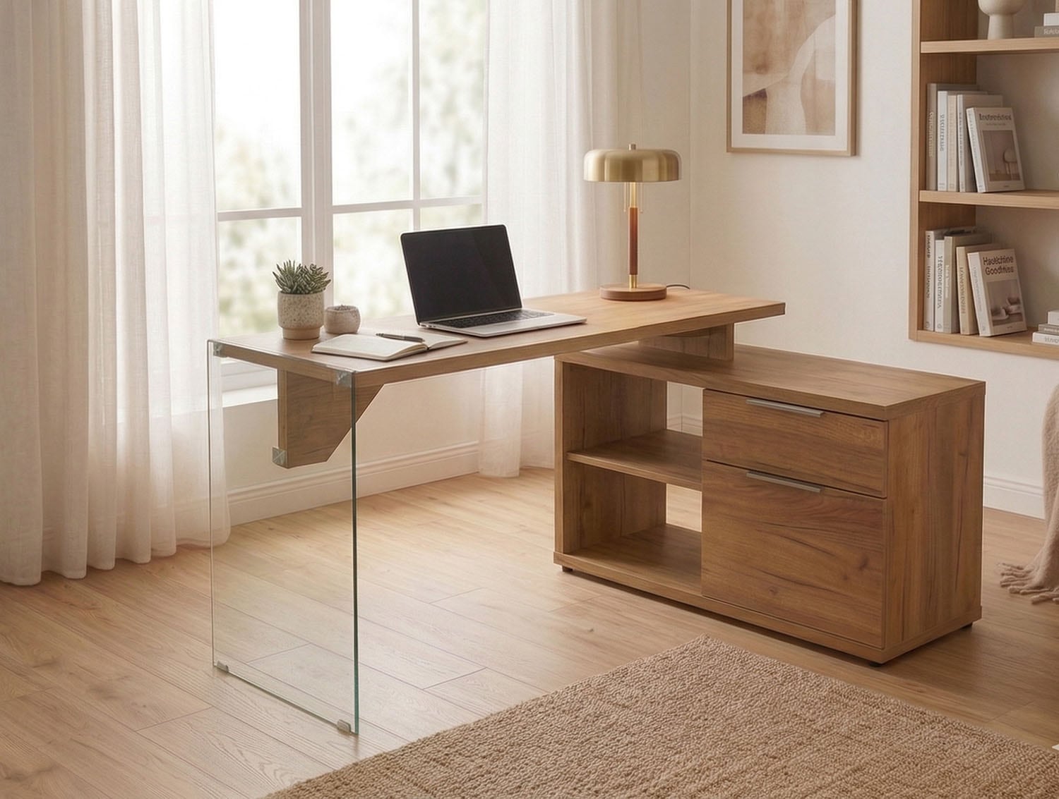 Jahnke Bureau d'angle »LUX C 135 E« bureau d'angle, montage réversible, verre, 1 tiroir et 2 compartiments