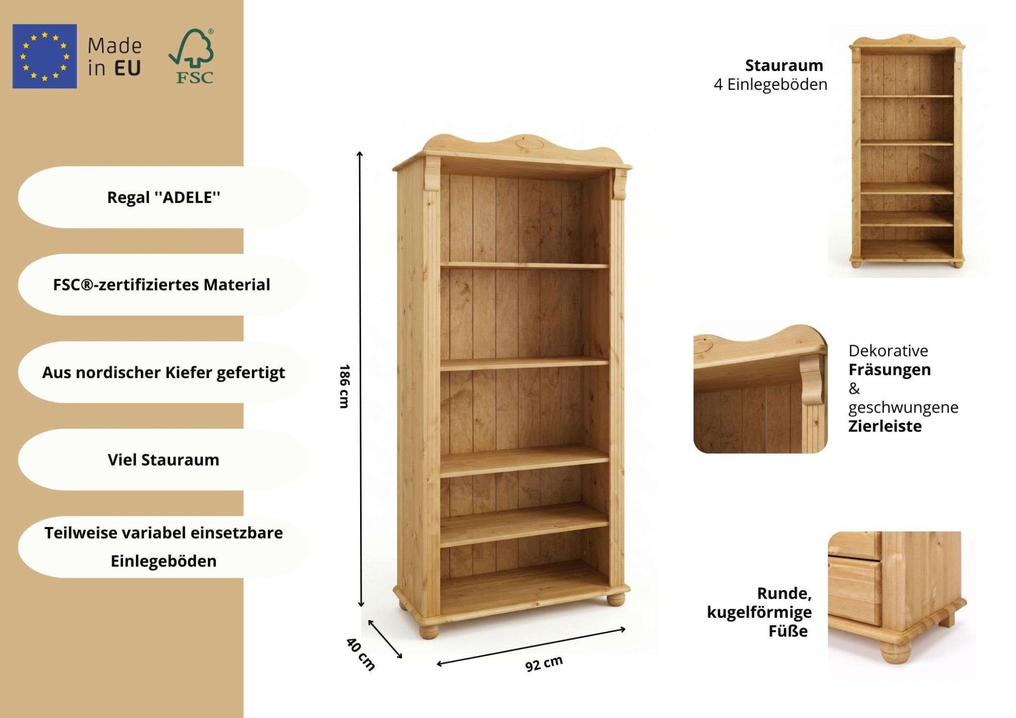 GOODproduct Bücherregal »Adele, Standregal, Regal« B/T/H:,  aus massiver Kiefer, Breite 92 cm, FSC®