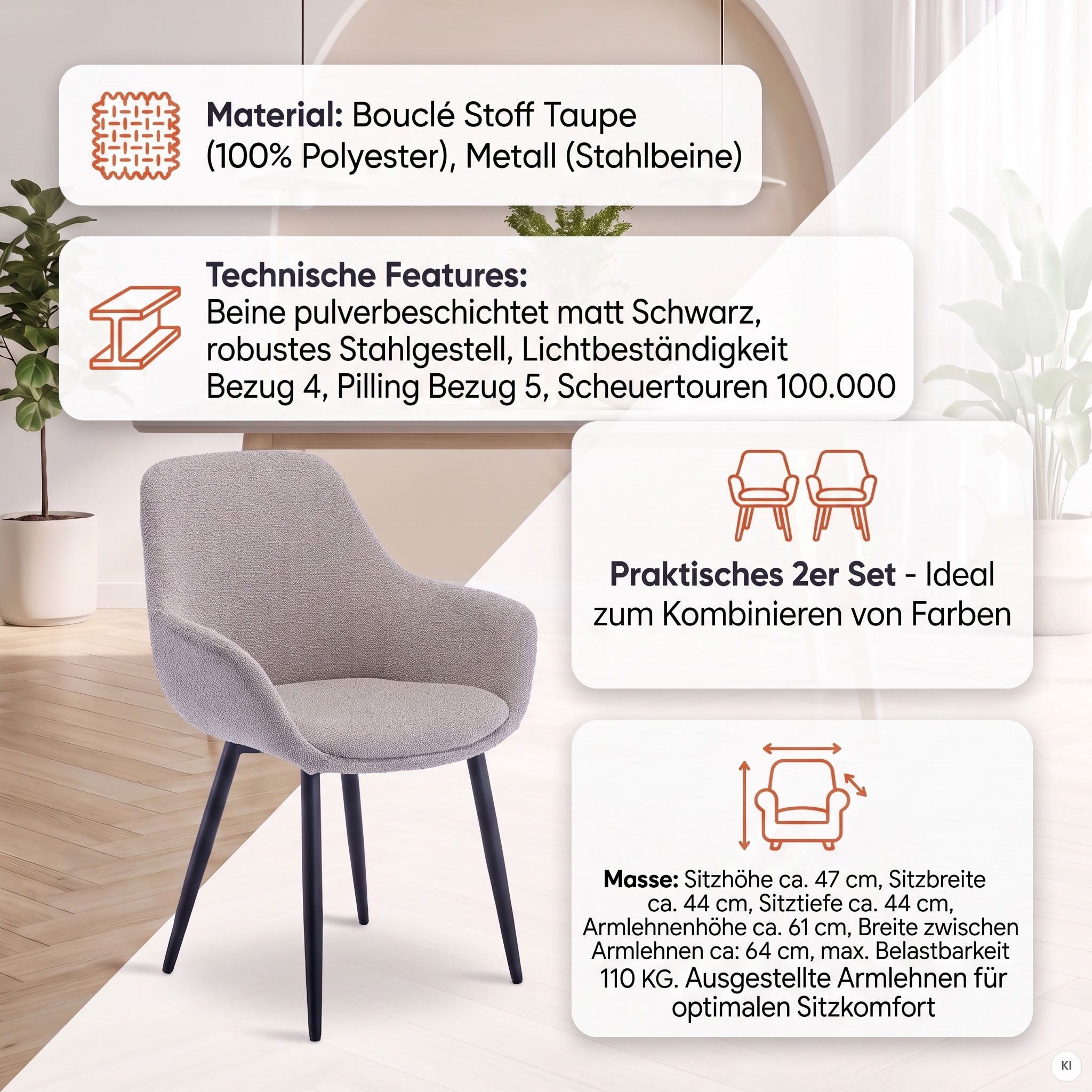 SalesFever Chaise avec accoudoirs »Esszimmerstuhl mit elegantem Komfort« (Ensemble) 2 cuisrevêtement bouclé moderne