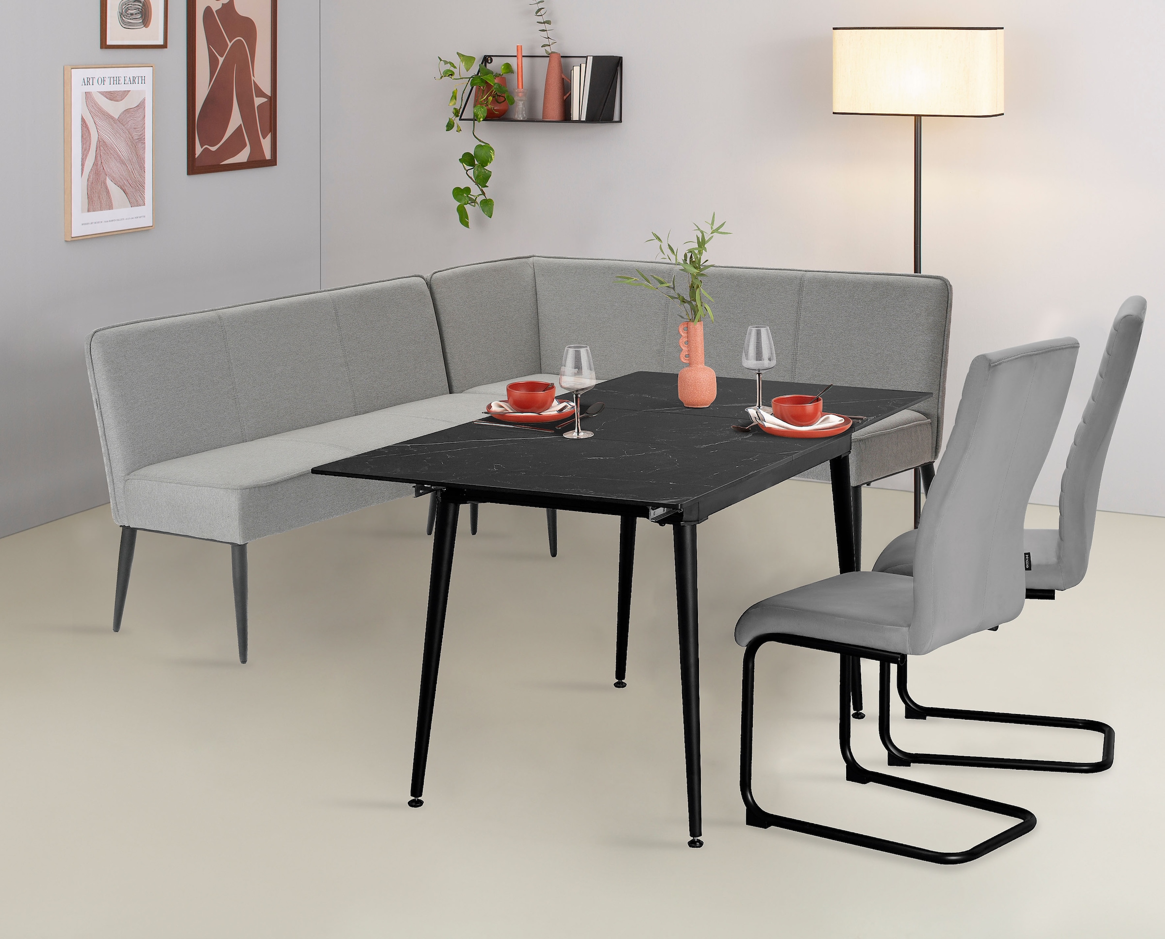 GOODproduct Banc d'angle »Lenzrose,« Esszimmerbank, Bank,,  mit Taschenfederkern, schwarzes Metallgestell, Breite 202 cm