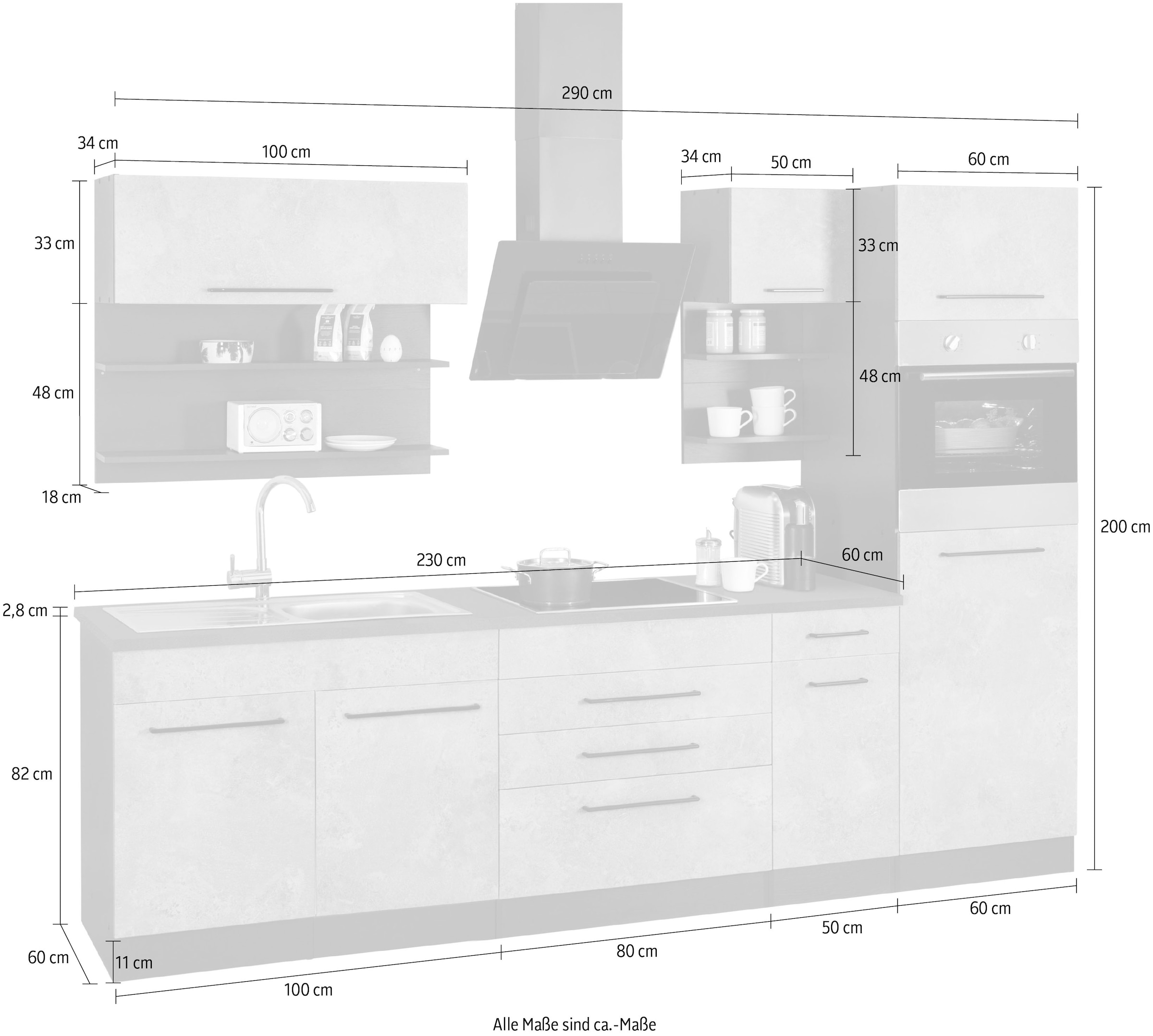 KOCHSTATION Küchenzeile »KS-Tulsa« ohne E-Geräte, Breite 290 cm, schwarze Metallgriffe, MDF Fronten