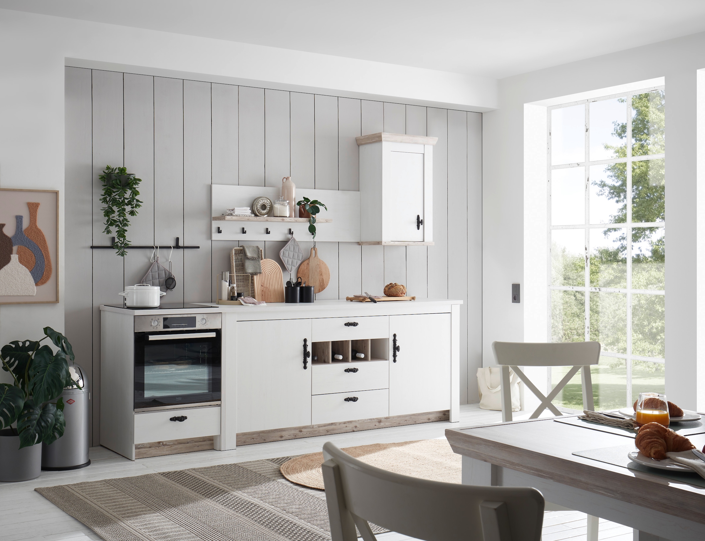 Home affaire Küchenzeile »Florenz, Küche in Pinie Weiss, mit Herdumbau, ohne E-Geräte« Set,  Breite 364 cm, mit verschnörkelten Metallgriffen, Arbeitshöhe 92 cm