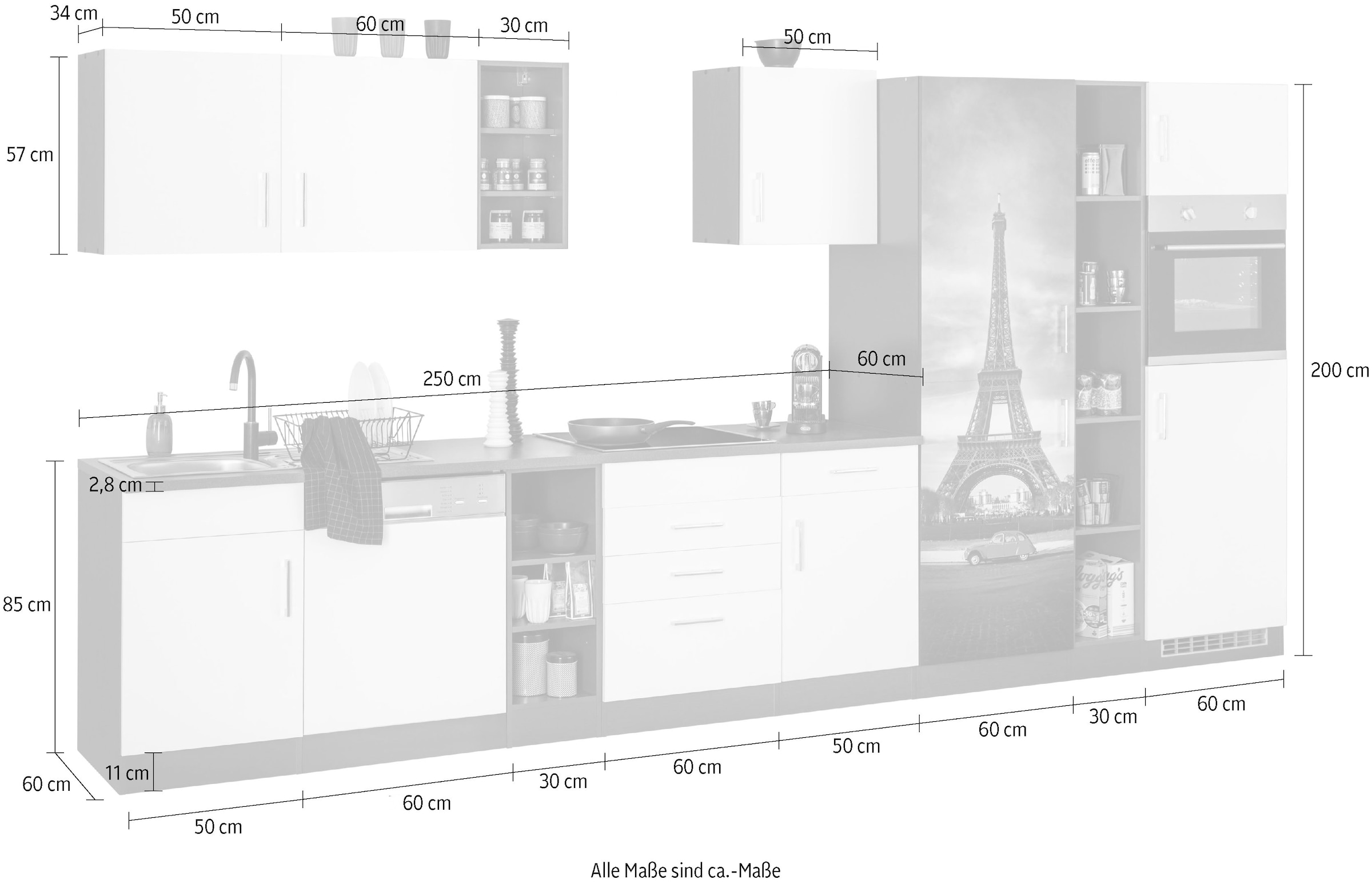 KOCHSTATION Kitchenette »KS-Paris – Küchen mit einzigartigen Fotomotiven auf den Fronten« largeur 400 cm, au choix avec appareils électriques et induction