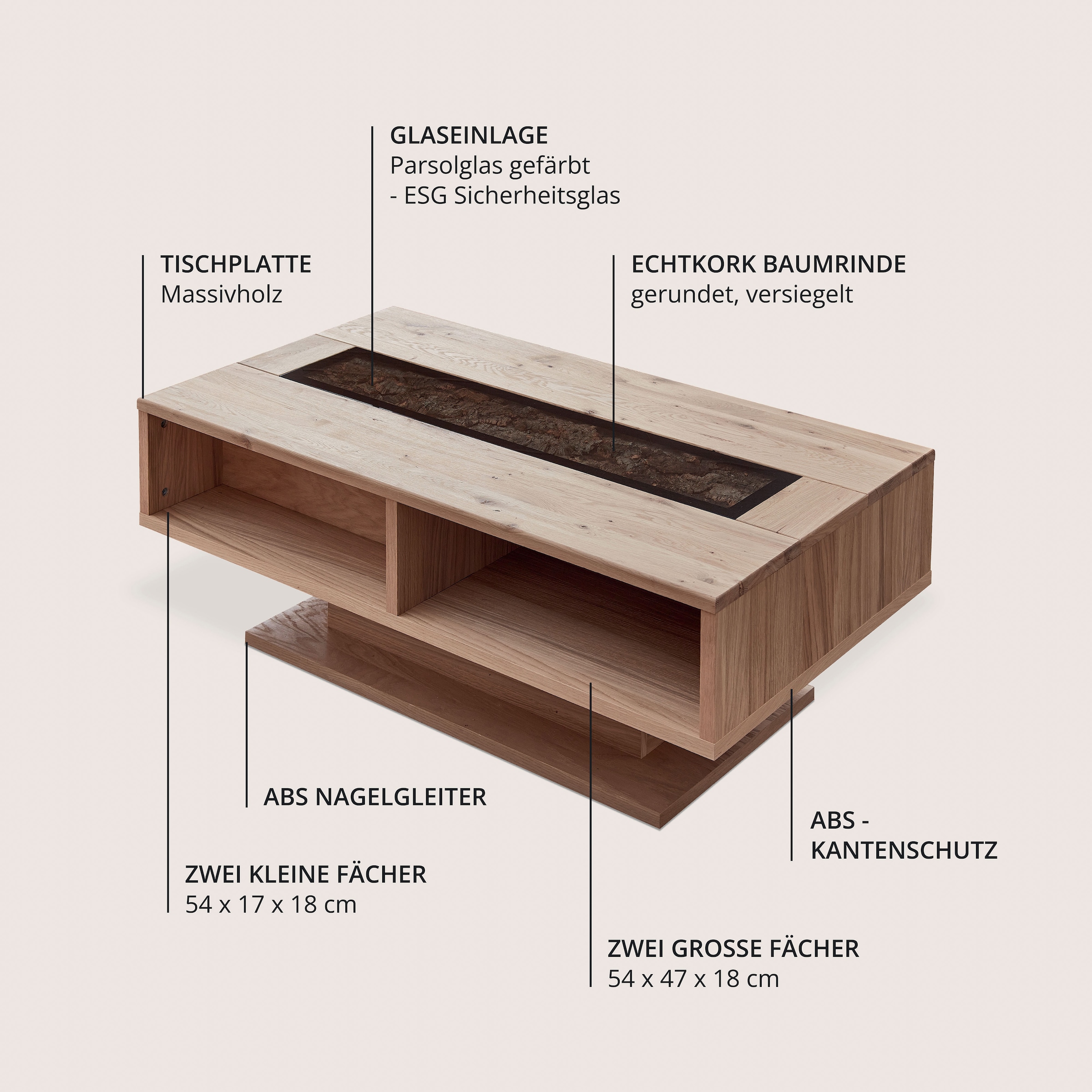 Wohnconcept Table basse »Donna Couchtisch, 115x43x65 (BxHxT)« 1 cuis tlg. Massivholz, Absetzung Echtkork gerundet, 4 offene Fächer
