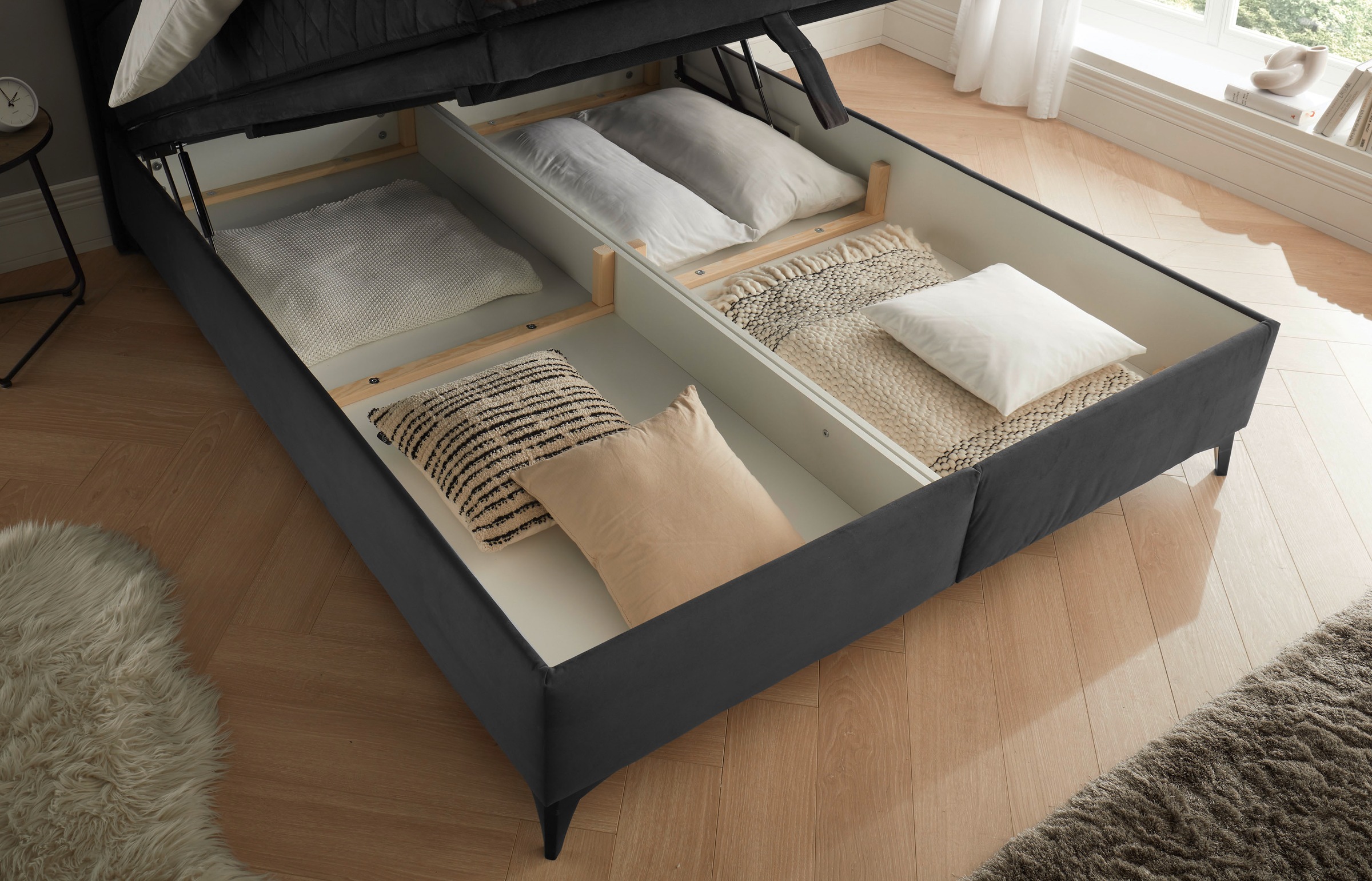 ED EXCITING DESIGN Lit de boxe »Monroe inkl. Bettkasten, erhältlich in den Breiten 160cm & 180cm« matelas duo - côté ferme avec natte de coco
