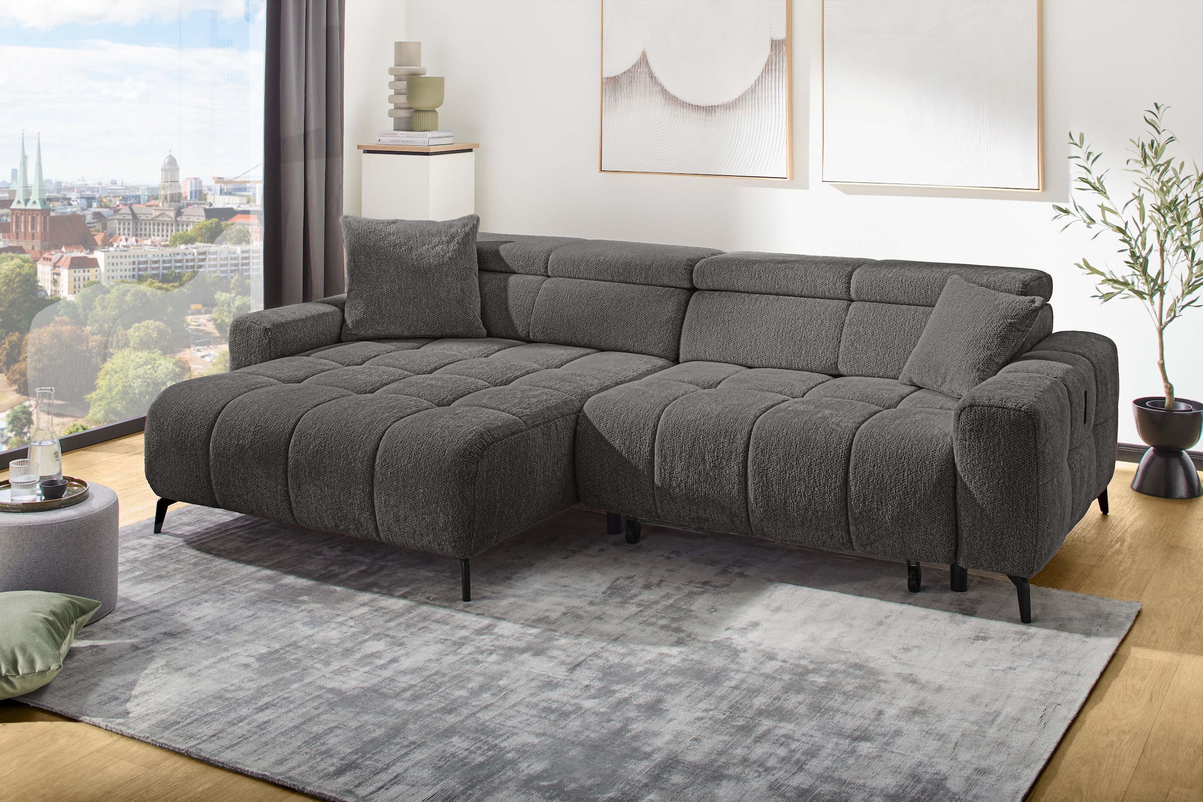 Jockenhöfer Gruppe Ecksofa »Racer L-Form, B: 290 cm, 60 cm elektrische Sitztiefenverstellung« USB-Ports, Kopfstützen verstellbar, Zierkissen, bis 140 kg/Sitz