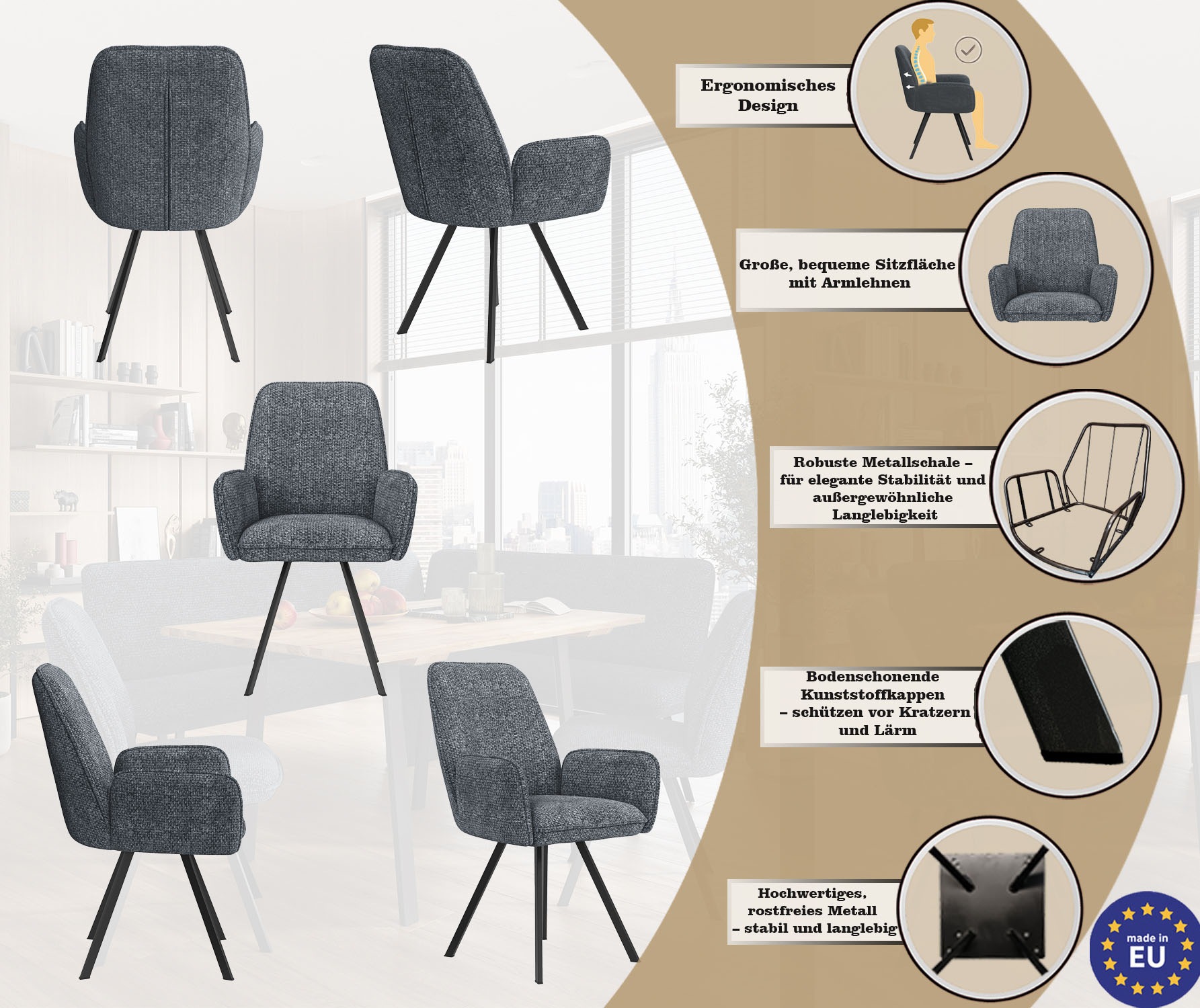 GOODproduct Chaise avec accoudoirs »Mily Esszimmerstuhl, Polstersessel, Wohnstuhl, Essstuhl mit Armlehnen« (Ensemble) 2 cuisavec pieds en métal noir à poudre, rembourré, moderne