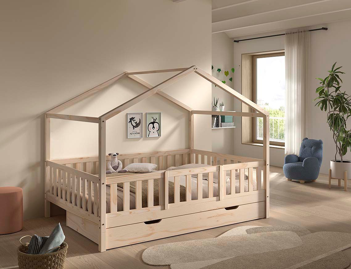 Vipack Lit de maison »Dallas, Massivholzbett mit Dachaufbau umbaubar vom Boden- zum Daybett« avec tiroir de lit, en pin massif nature ou blanc au choix