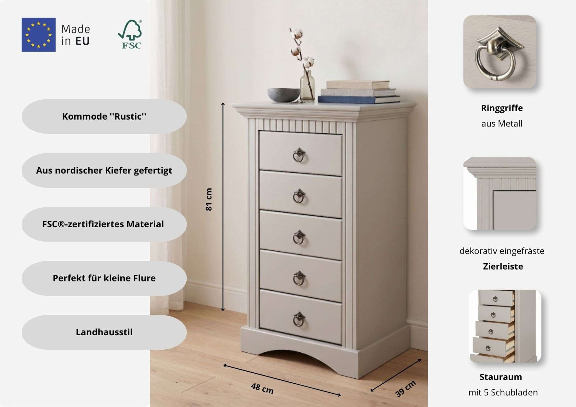 GOODproduct Commode »Rustic« largeur 48 cm, en pin massif, 5 tiroirs, certifié FSC®