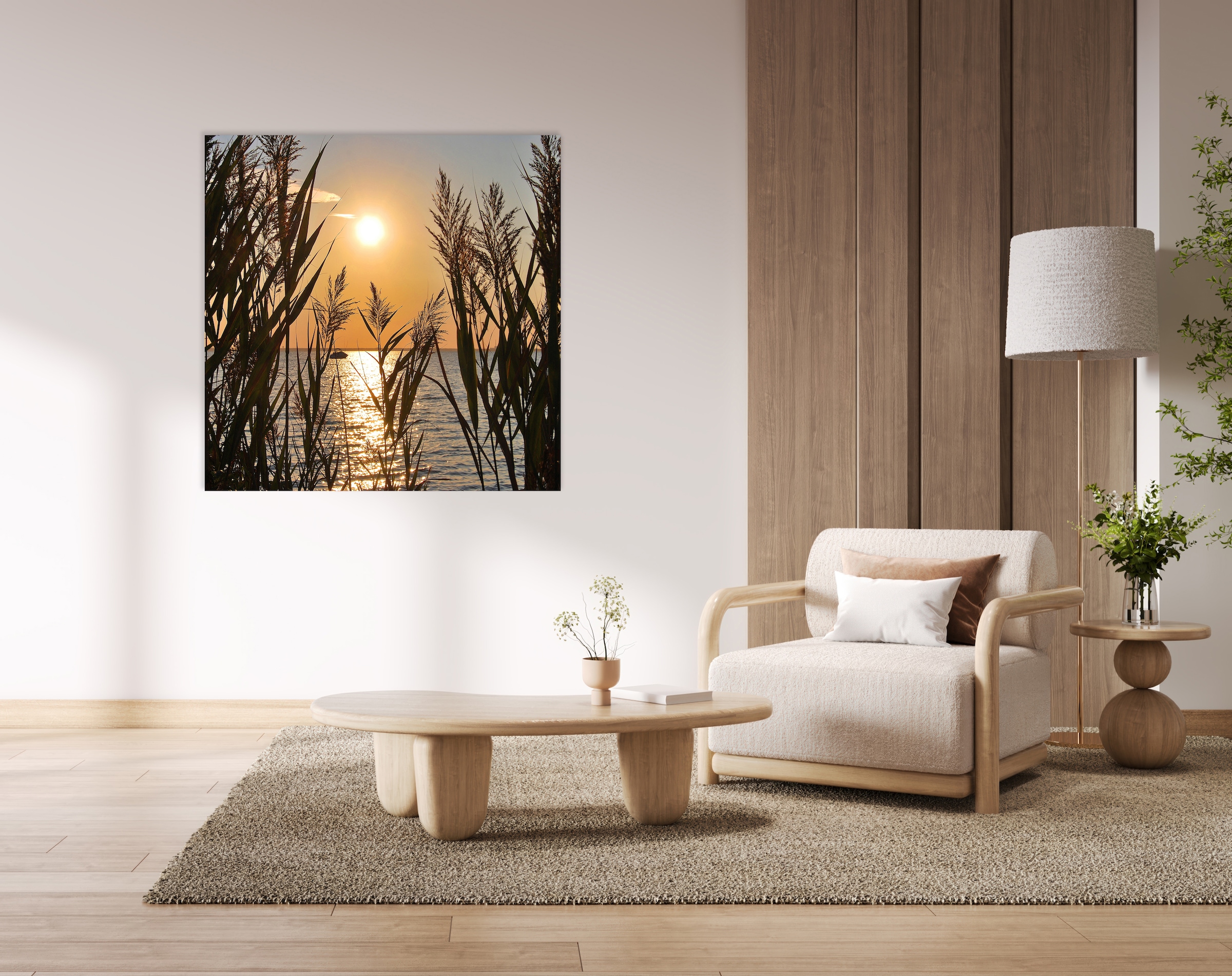queence Tableau en verre acrylique »Gräser am Wasser mit Sonne« 1 cuis tlg. avec effet de profondeur 3D flottant, grâce à la fixation sans cadre