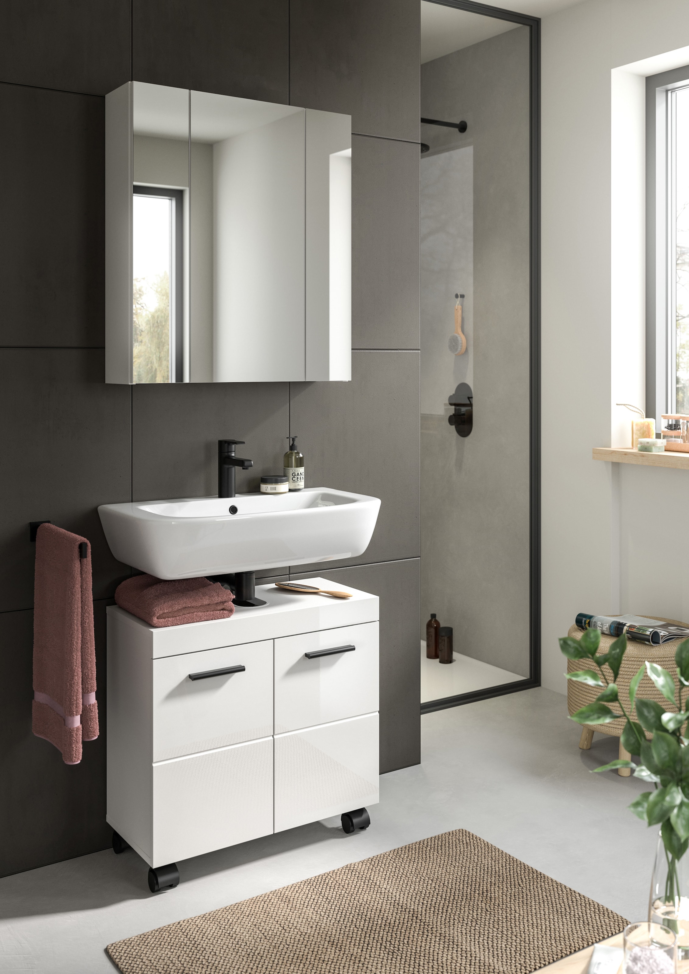 welltime Ensemble de meubles de salle de bain »AVON, Breite 60 cm, 2-teilige moderne Badkombination, auf Rollen« bestehend aus: Waschbeckenunterschrank & Spiegelschrank, 2 cuis tlg.