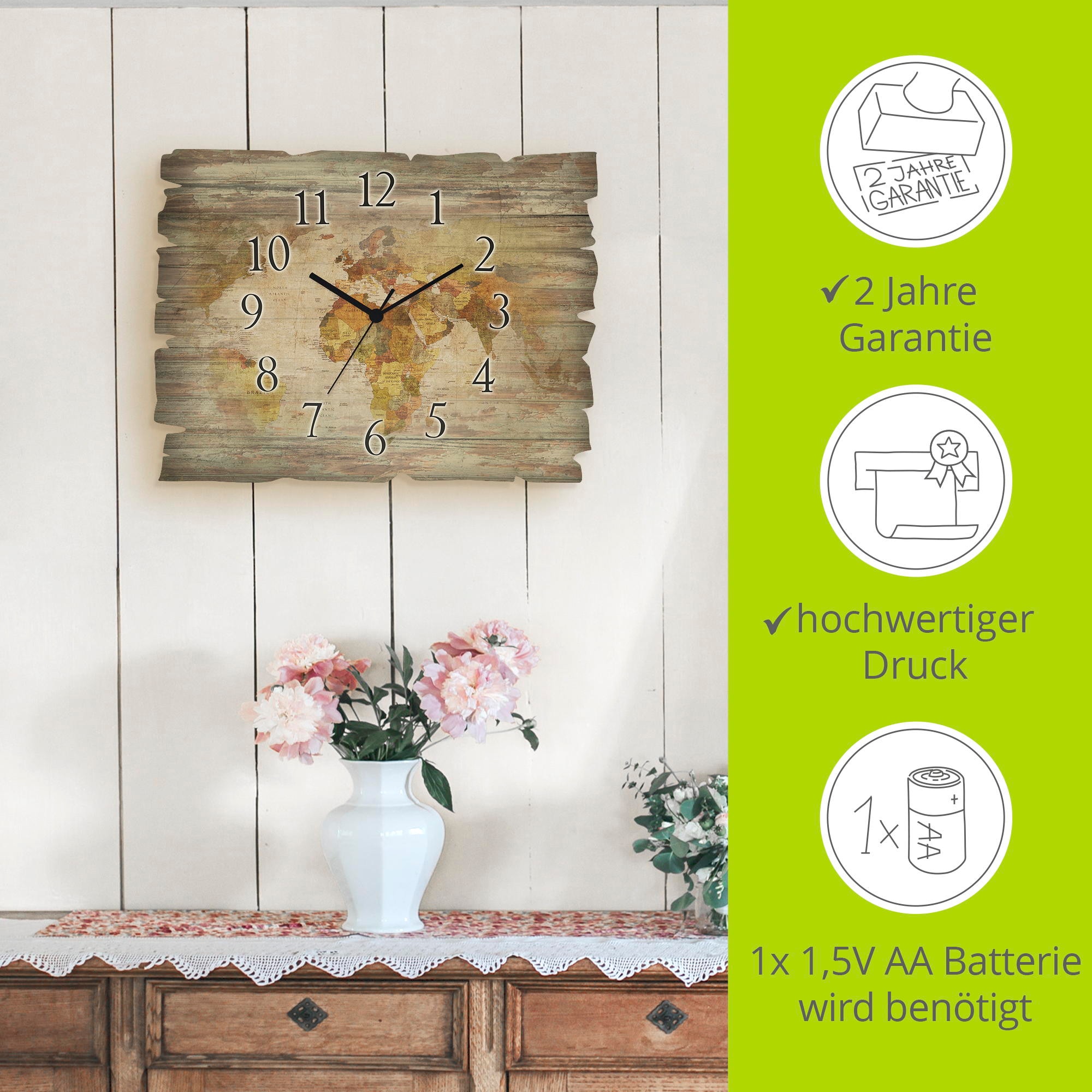 Artland Horloge murale »Weltkarte« wahlweise mit Quarz- oder Funkuhrwerk, lautlos ohne Tickgeräusche