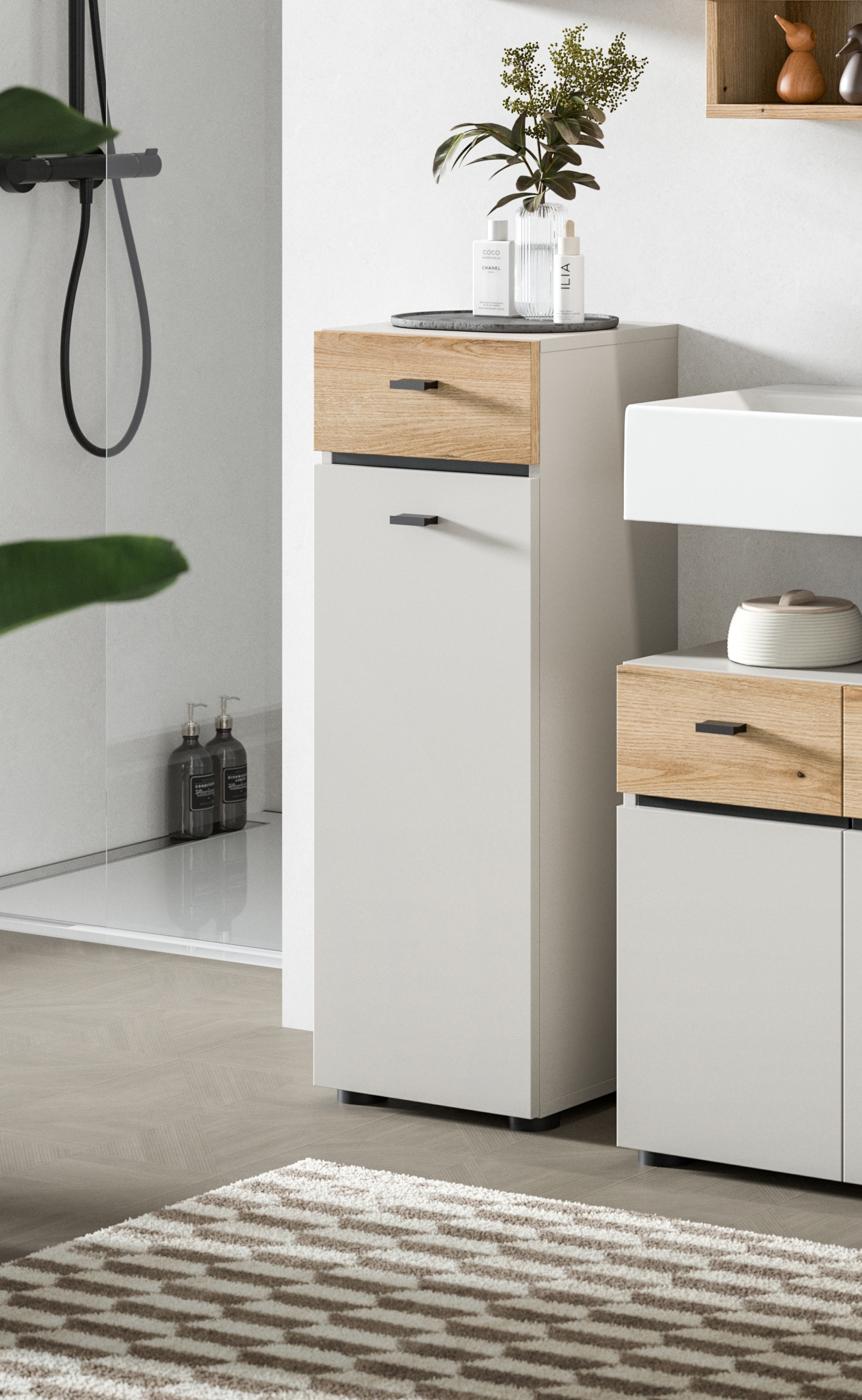 welltime Midischrank »VANN, Höhe 91cm, 1 Tür, 1 Schubkasten, 3 Fächer,Türanschlag wechselbar« individuell mit weiteren Artikel der Serie VANN kombinierbar,  Standschrank, Kommode, Schrank, Badschrank, Universalschrank, Bad