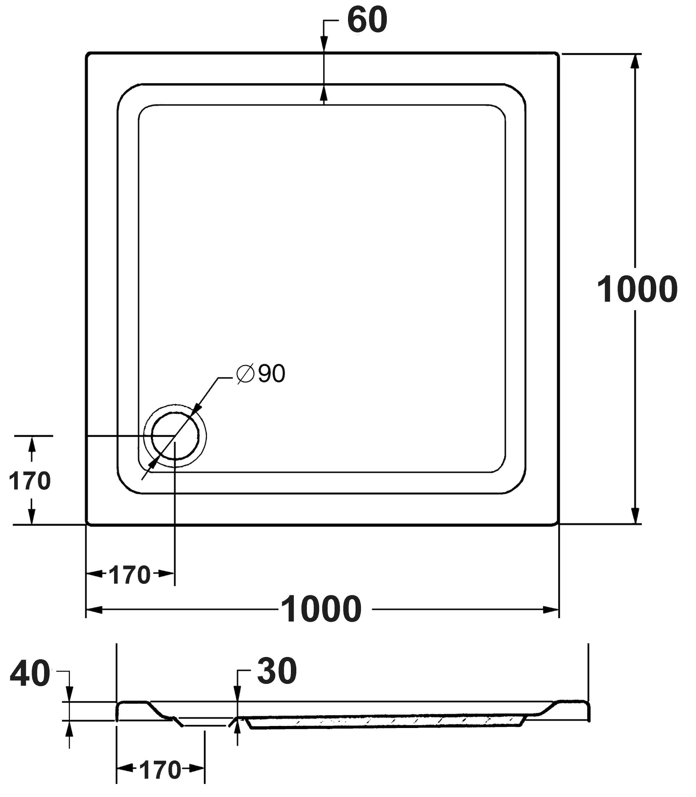 OTTOFOND Duschwanne Set,  100x100x3 cm, mit Wannenträger, Ablaufgarnitur und Fugendichtband