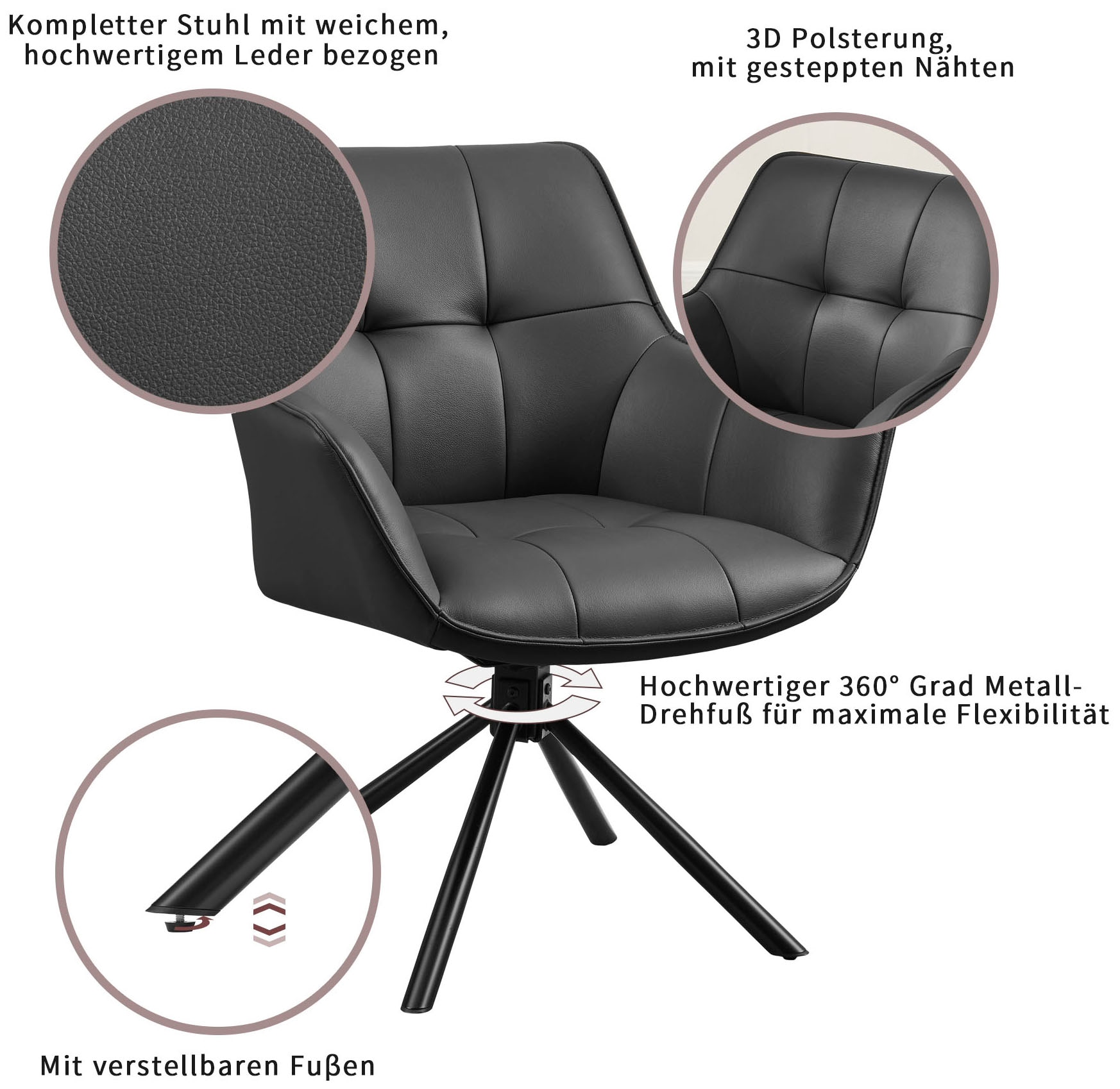 GOODproduct Drehstuhl »Lika« (Set) 2 Stk.echtes Leder, 360° Drehfunktion, Steppnähte, Metallgestell