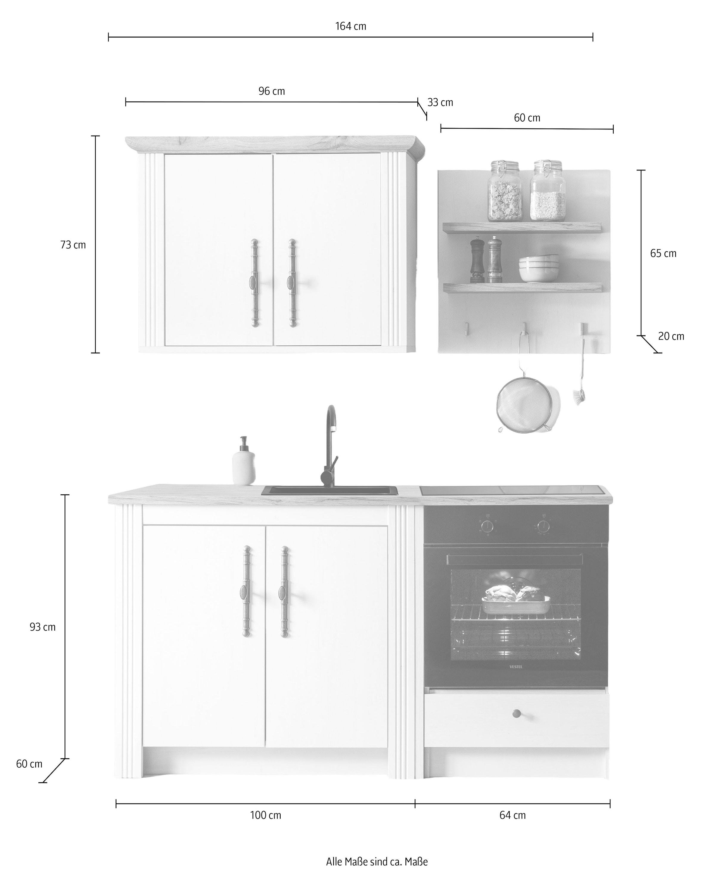 GOODproduct Küchenzeile »KS-Westminster, Pantryküche im Landhaus Stil, hochwertige Metallgriffe« Set,  Breite 164 cm, Kommode, Wandpaneel, Hängeschrank und Herdumbau