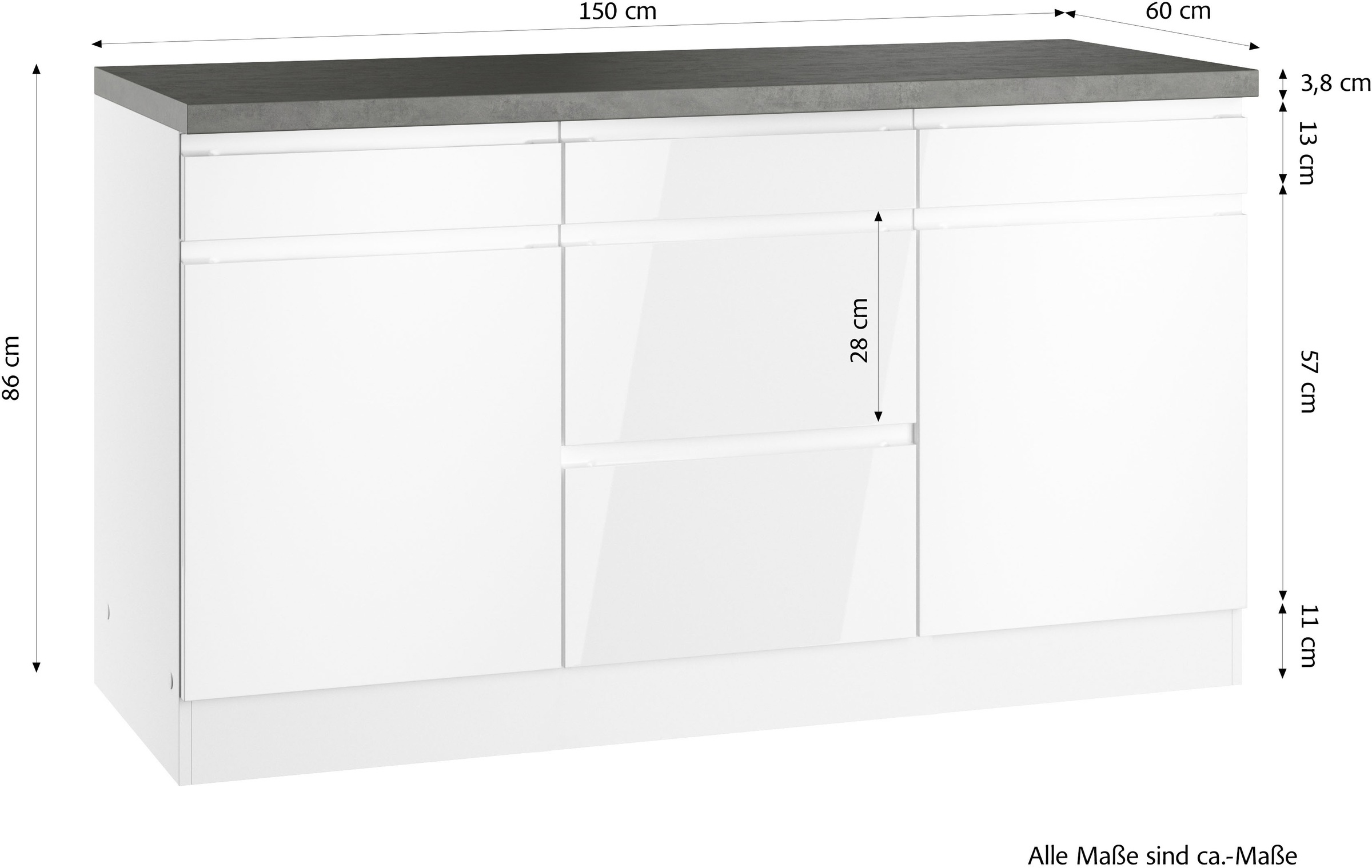 KOCHSTATION Armoire basse »KS-Virginia,neu in verbesserter Ausführung« largeur 150 cm, 2 portes, 3 tiroirs, 2 rallonges
