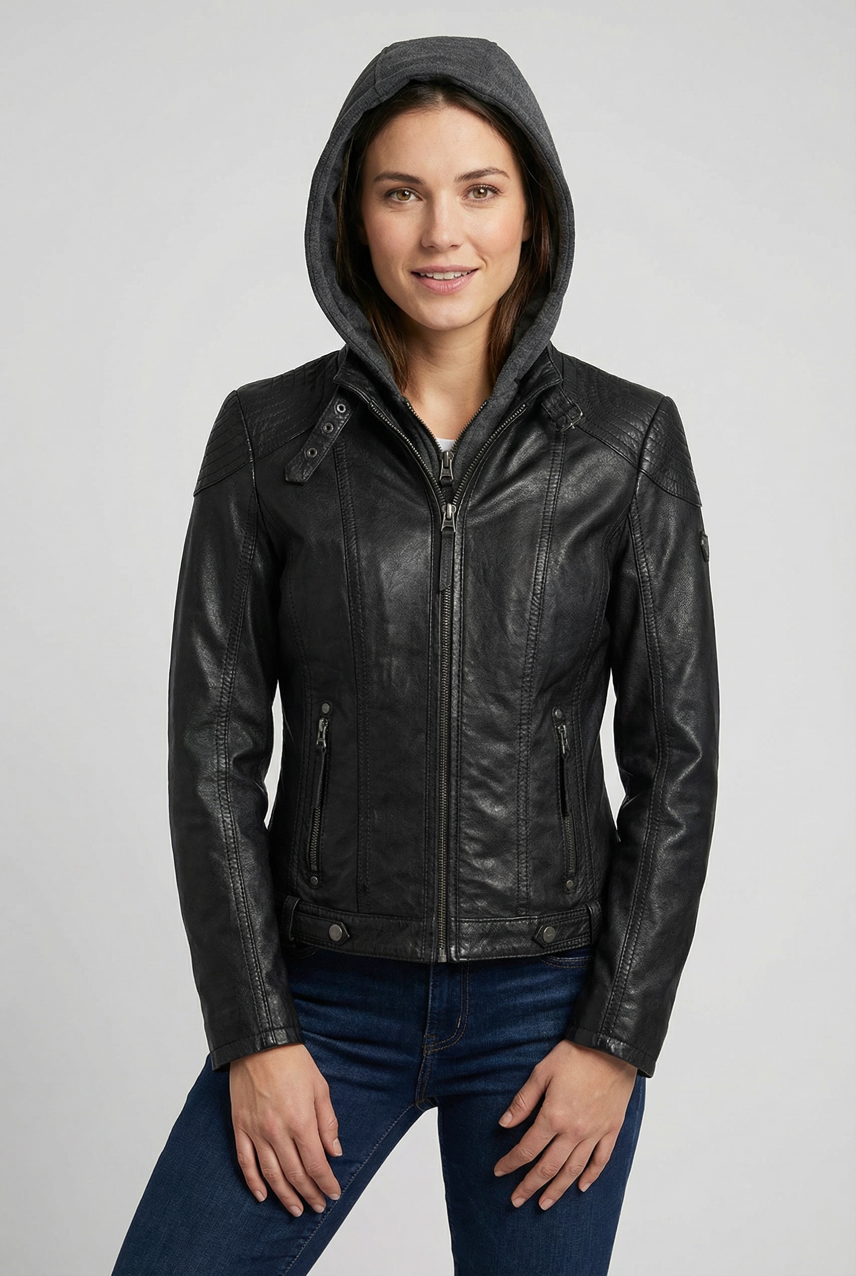 Mauritius Lederjacke »Cacey LEGV« mit Kapuze mti Kapuze, Reissverschluss, Ziersteppung