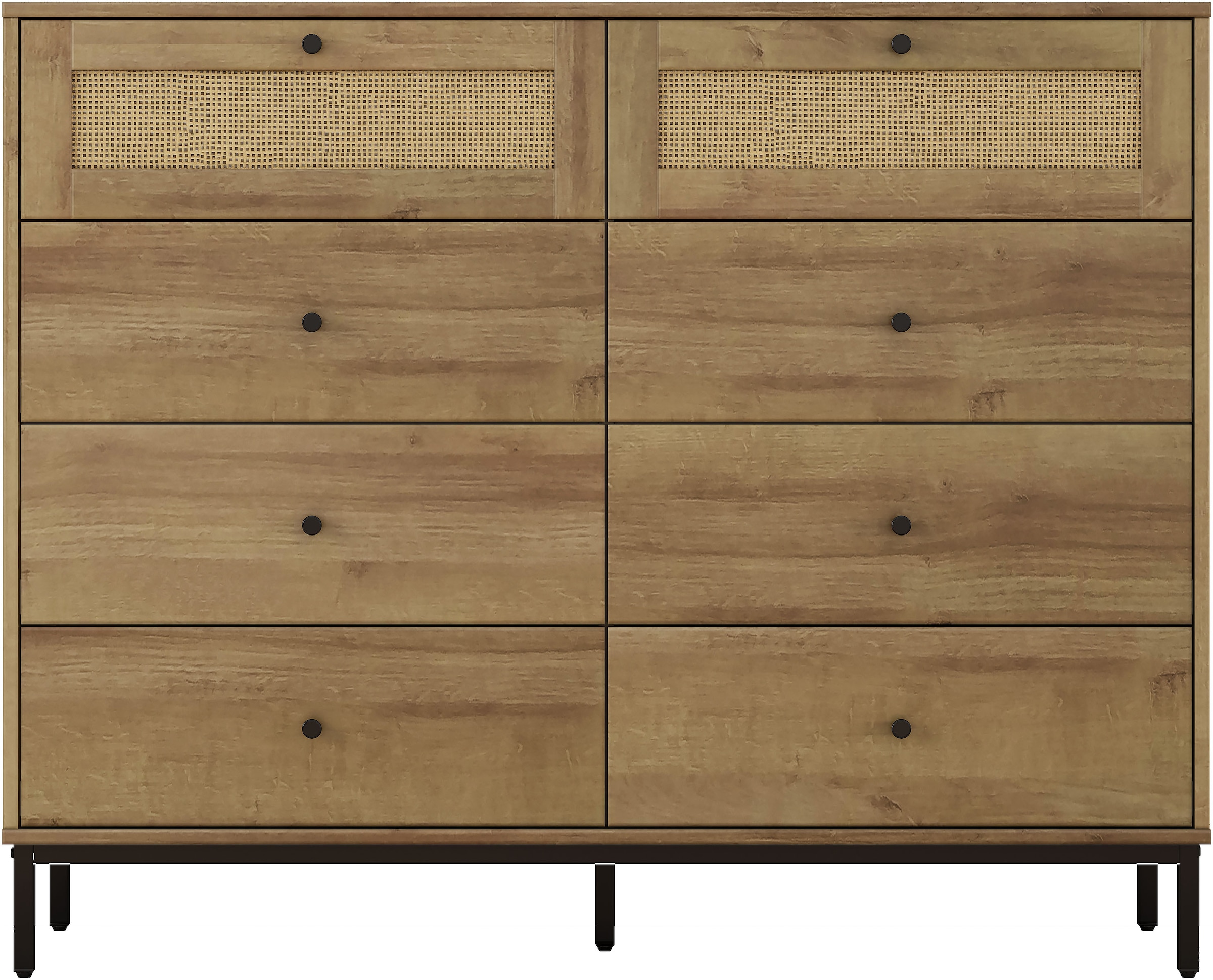 GOODproduct Kombikommode »Motala Wäsche Schrank mit 8 Schubladen Sideboard BOHO Design« Eichen-Design mit schwarzen Griffen und Geflecht Schubladen, 