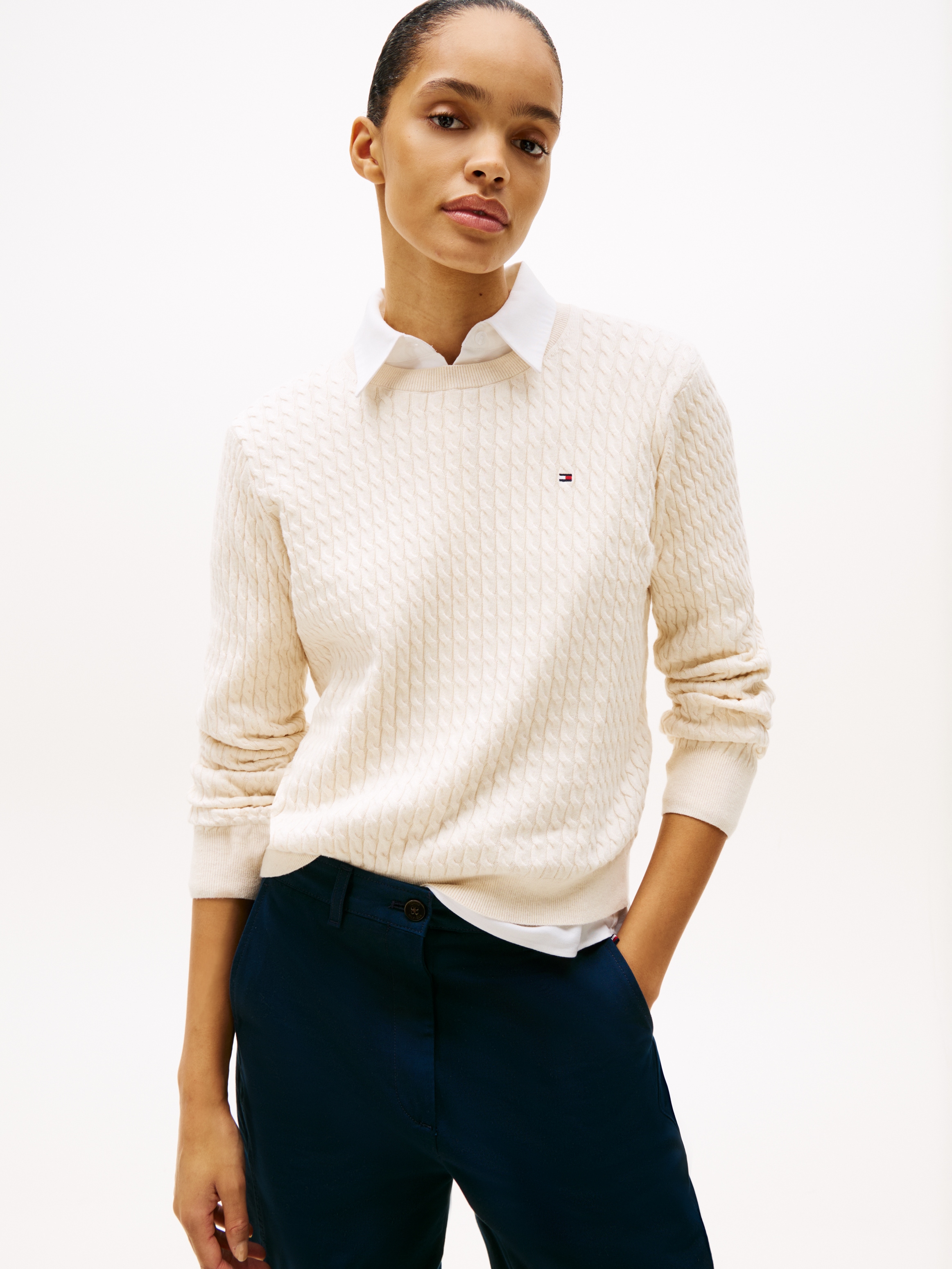 Tommy Hilfiger Rundhalspullover »CO CABLE C-NK LS SWEATER« Baumwolle, mit Zopfmuster