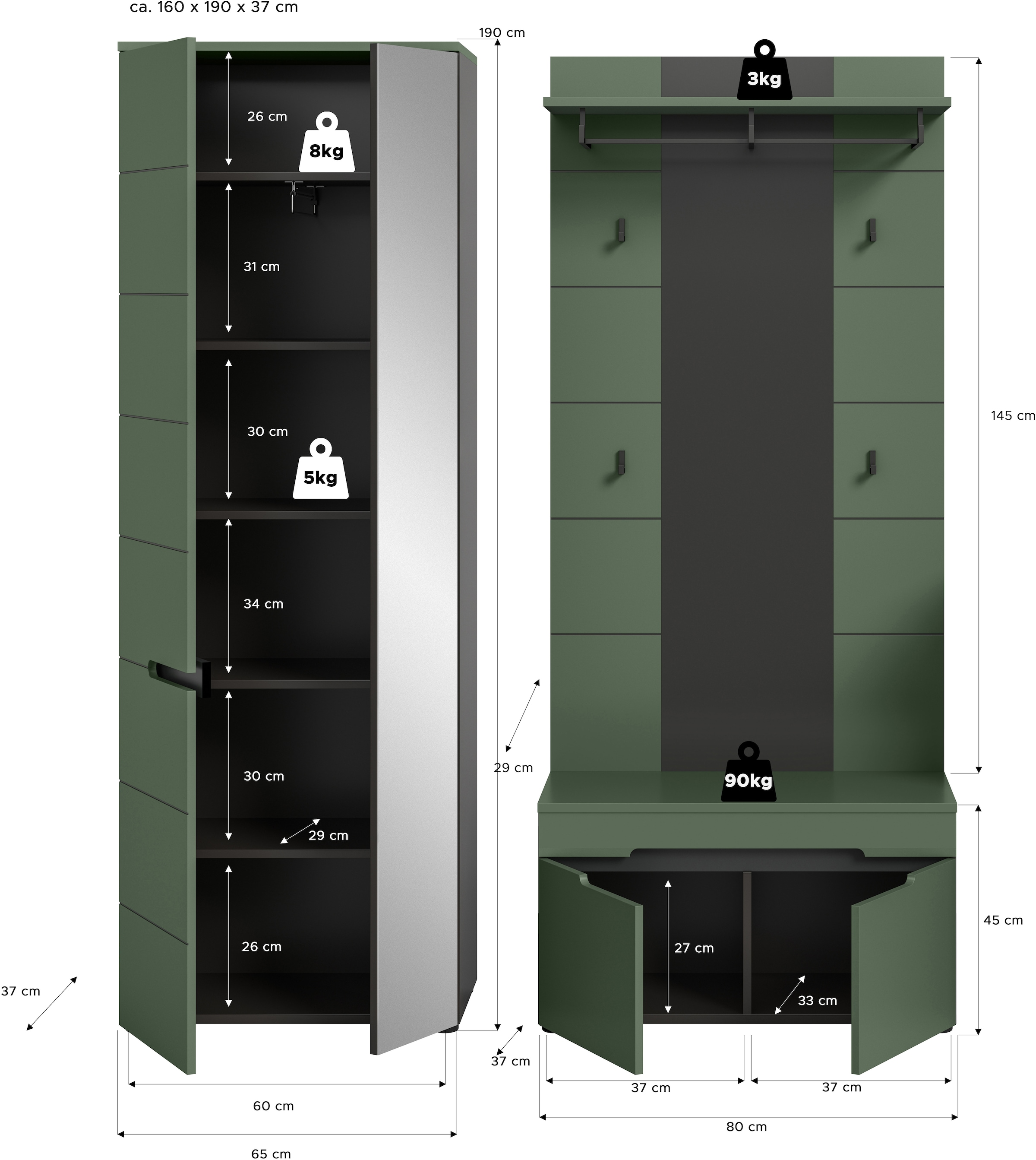 Home affaire Ensemble de vestiaires »REHAT, TOPSELLER!, 3-teilig, Breite 160 cm, individuell erweiterbar« Ensemble, bestehend aus: Garderobenschrank, Sitzbank und Paneel, 3 cuis tlg.