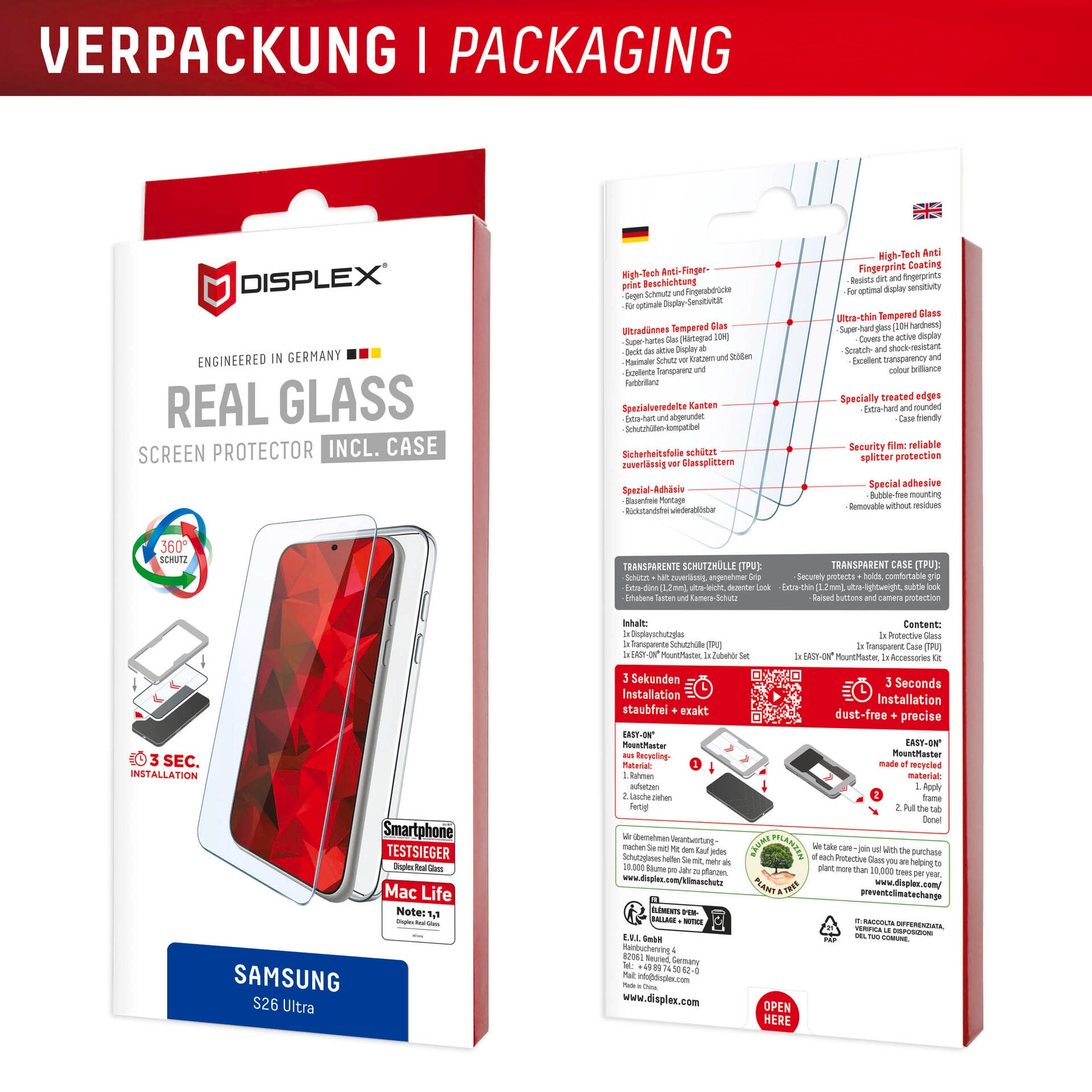 Displex Verre de protection d'écran »Real Glass Screen Protector inkl. Case mit MountMaster« für Samsung Galaxy S26 Ultra Displayschutzfolie, Schutzfolie, Bildschirmschutz, kratz- & stossfest