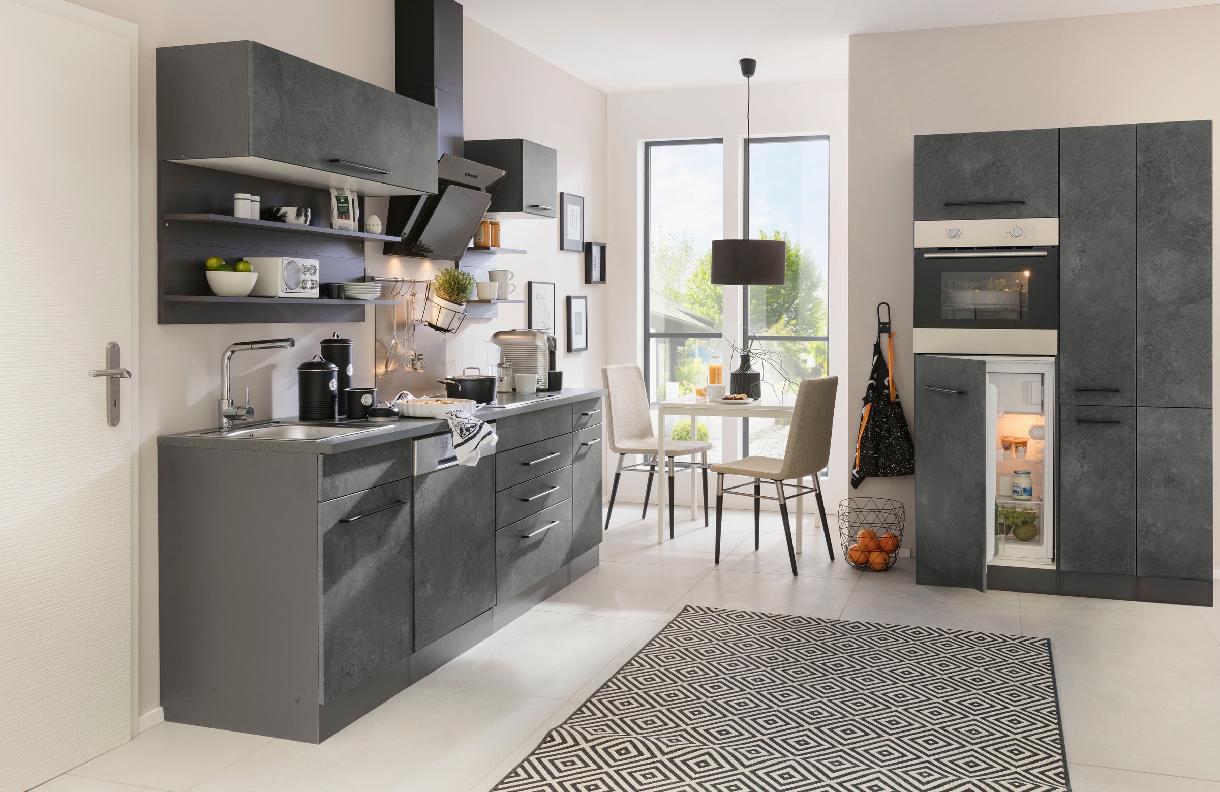 KOCHSTATION Küchenzeile »KS-Tulsa« ohne E-Geräte, Breite 320 cm, schwarze Metallgriffe, MDF Fronten