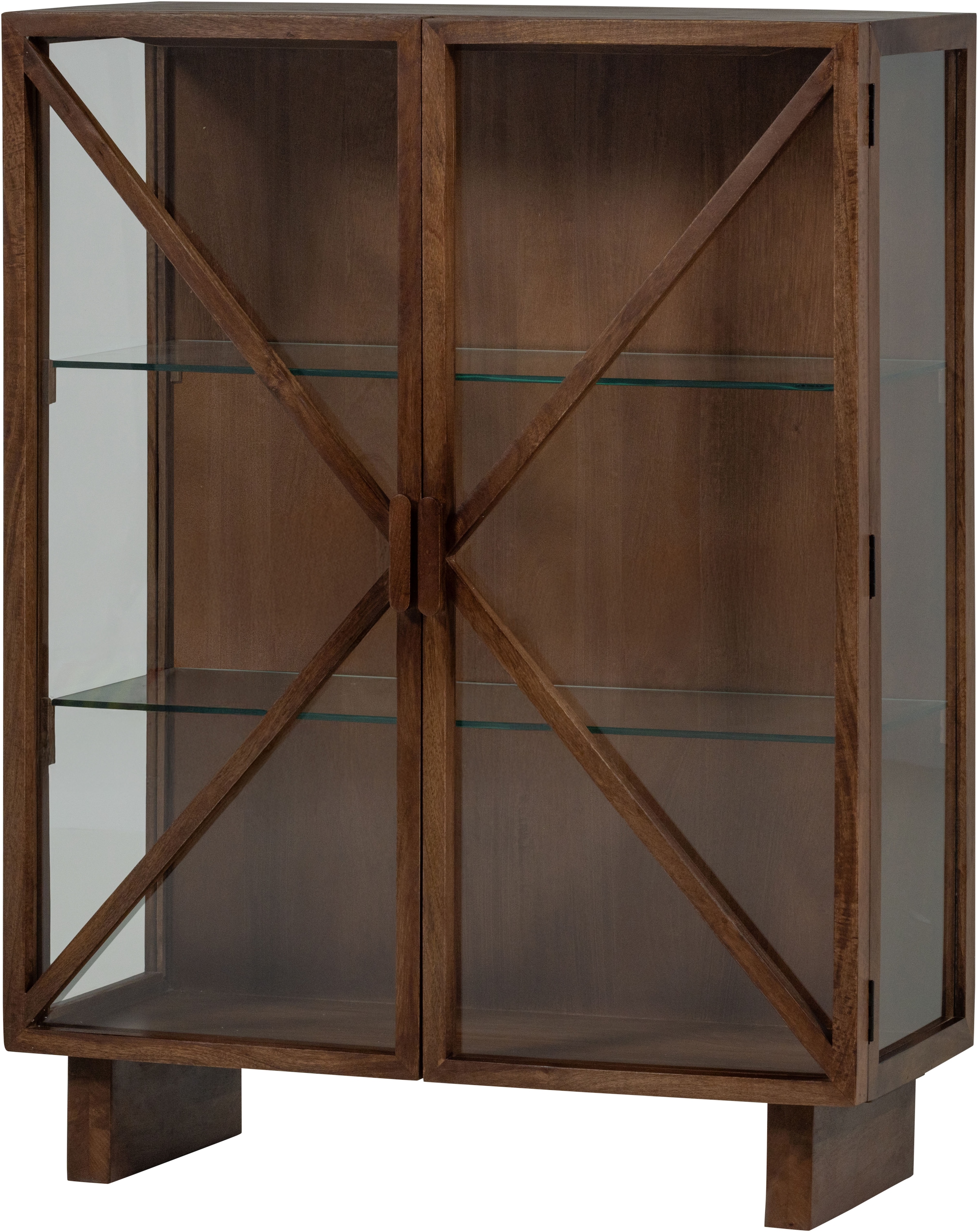 WOOOD Vitrines »Kella Mangoholz mit Glastüren und Glasablagen B 100 x D 44 x H 132 cm« fixation murale recommandée, capacité portante 5–7 kg par tablette en verre