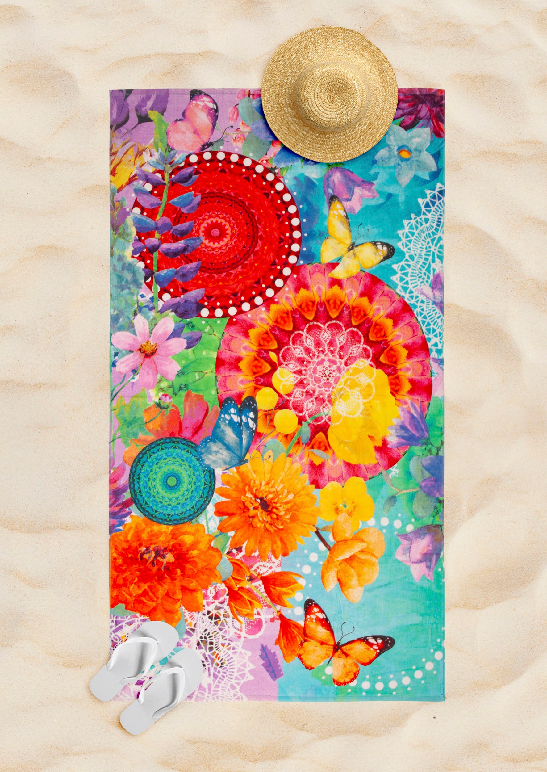 hip Strandtuch »Vitori« 100% Baumwolle, Velours, 100x180, Weich, Strand, Mandala, Blumen, Bunt