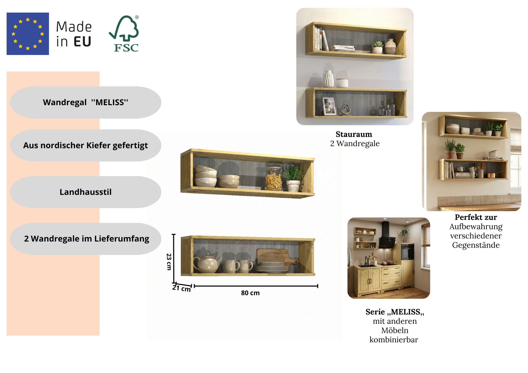 Home affaire Wandregal »Meliss« aus nordischer Kiefer gefertigt, Breite 80 cm, 2-tlg