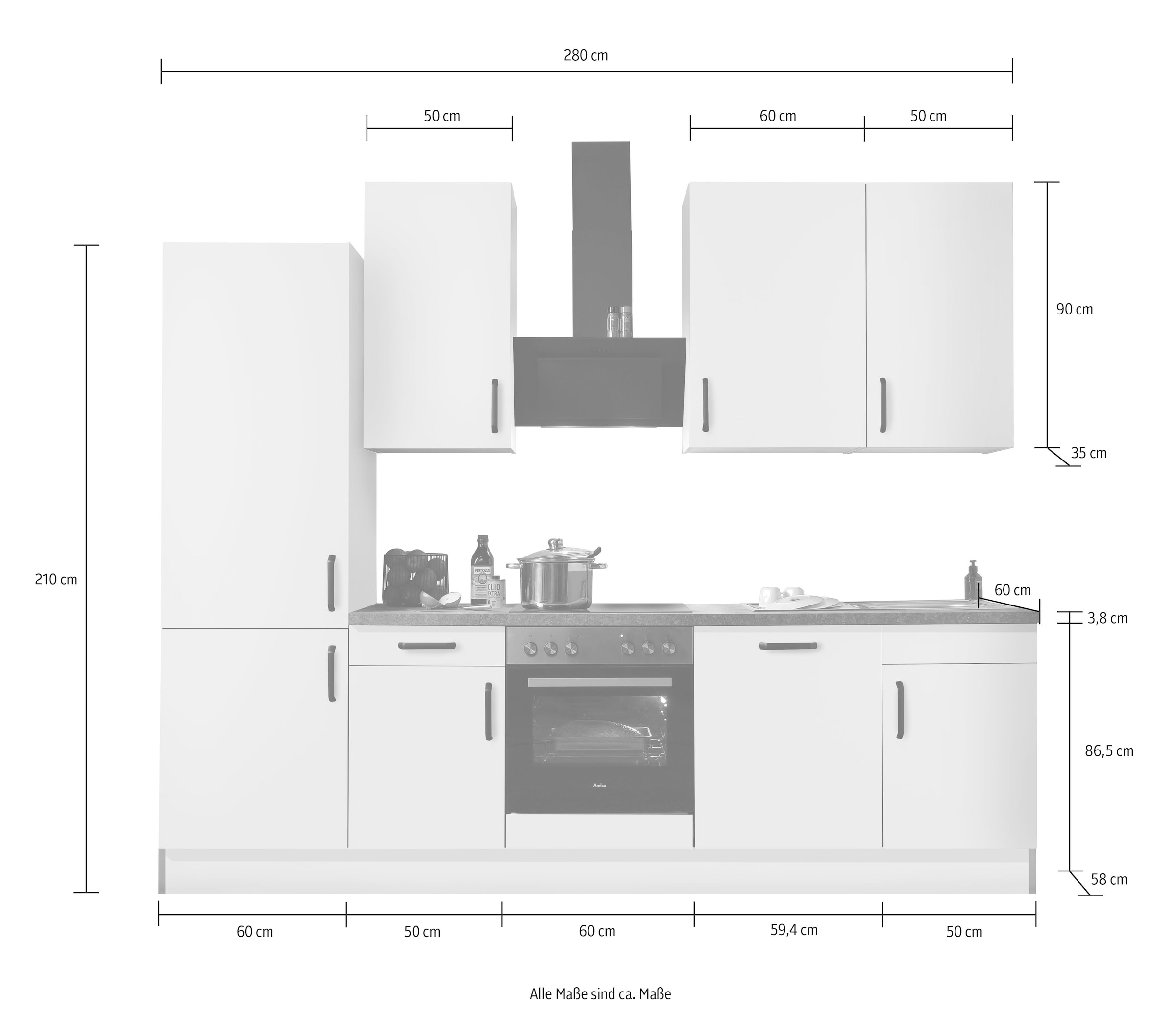 wiho Küchen Küchenzeile »"Simi", mit verstellbaren Füssen, Breite 280 cm,« wahlweise mit E-Geräten, Soft-Close-Funktion in Schubkästen & Auszügen