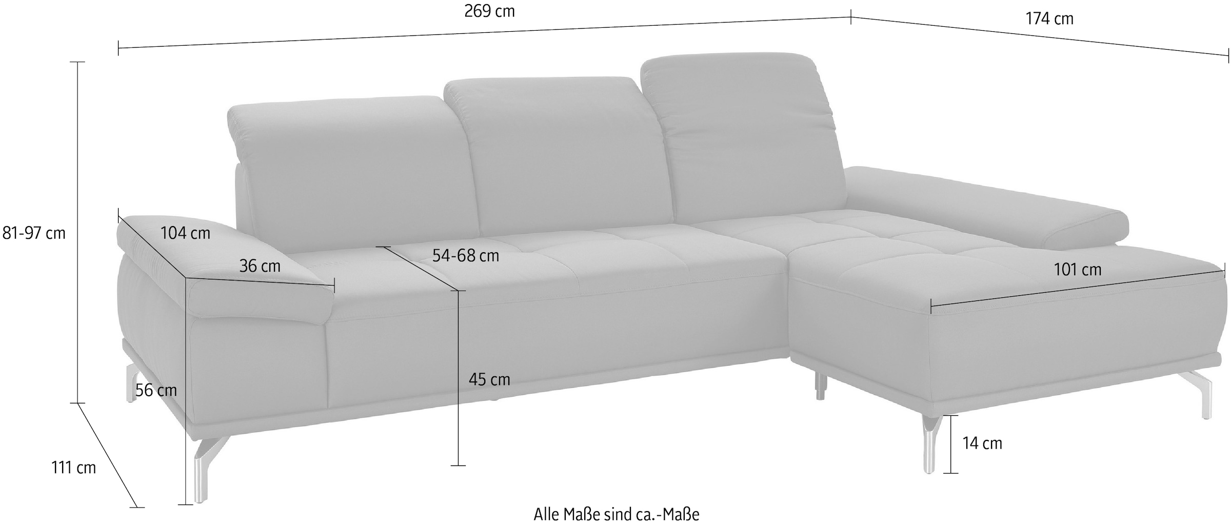 PLACES OF STYLE Ecksofa »Caluna« Inkl.Sitztiefenverstellung, wahlweise mit Kopf- und Armteilverstellung