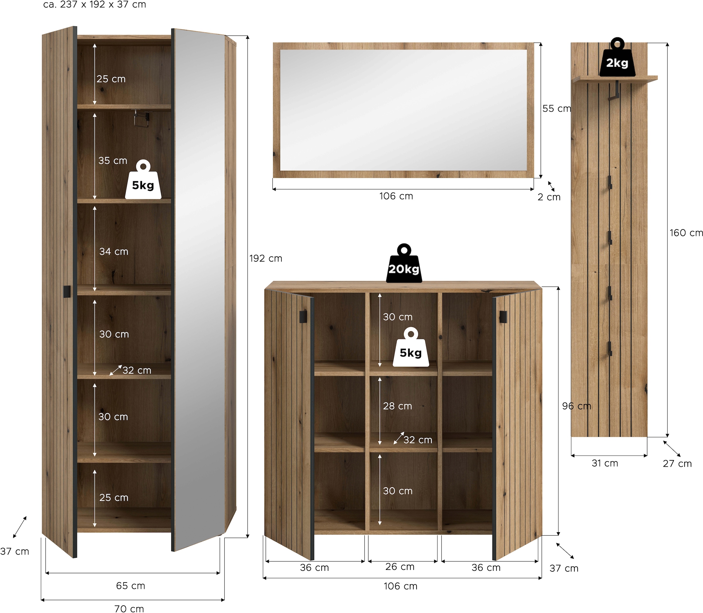 Home affaire Ensemble de vestiaires »TATIO, 4-tlg. Garderobenkombination, Breite: 237 cm, Rillenfräsung« Set, 1 Spiegel, 1 Garderobenschrank, 1 Schuhkommode, 1 Garderobenpaneel, 4 cuis tlg.