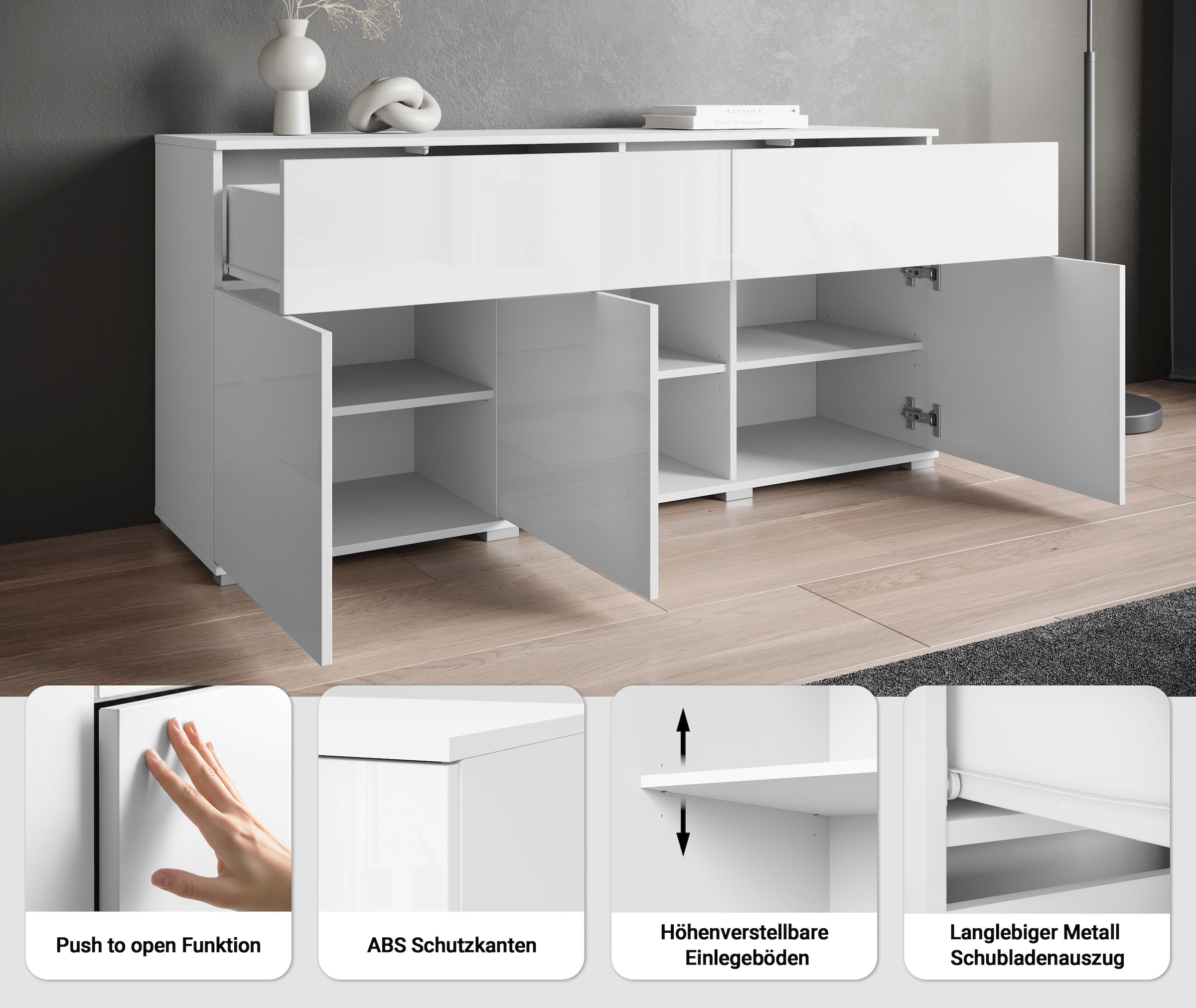 GOODproduct Buffet »Kenia, Kommode mit 3 Türen und 2 Schubladen, 150 cm breit« 1 cuis tlg. Design sans poignées avec push-to-open et étagères réglables