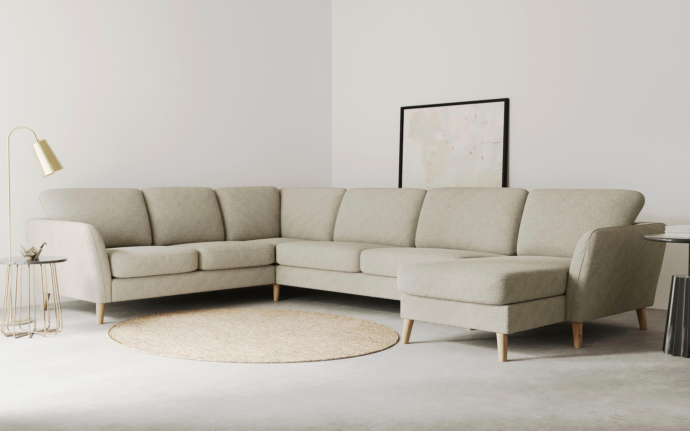 Home affaire Paysage de salon »MARSEILLE XXL 349cm, U-Form, Ottomane rechts/links wählbar« Massivholzbeine Eiche, Landhausstil, Wellenunterfederung