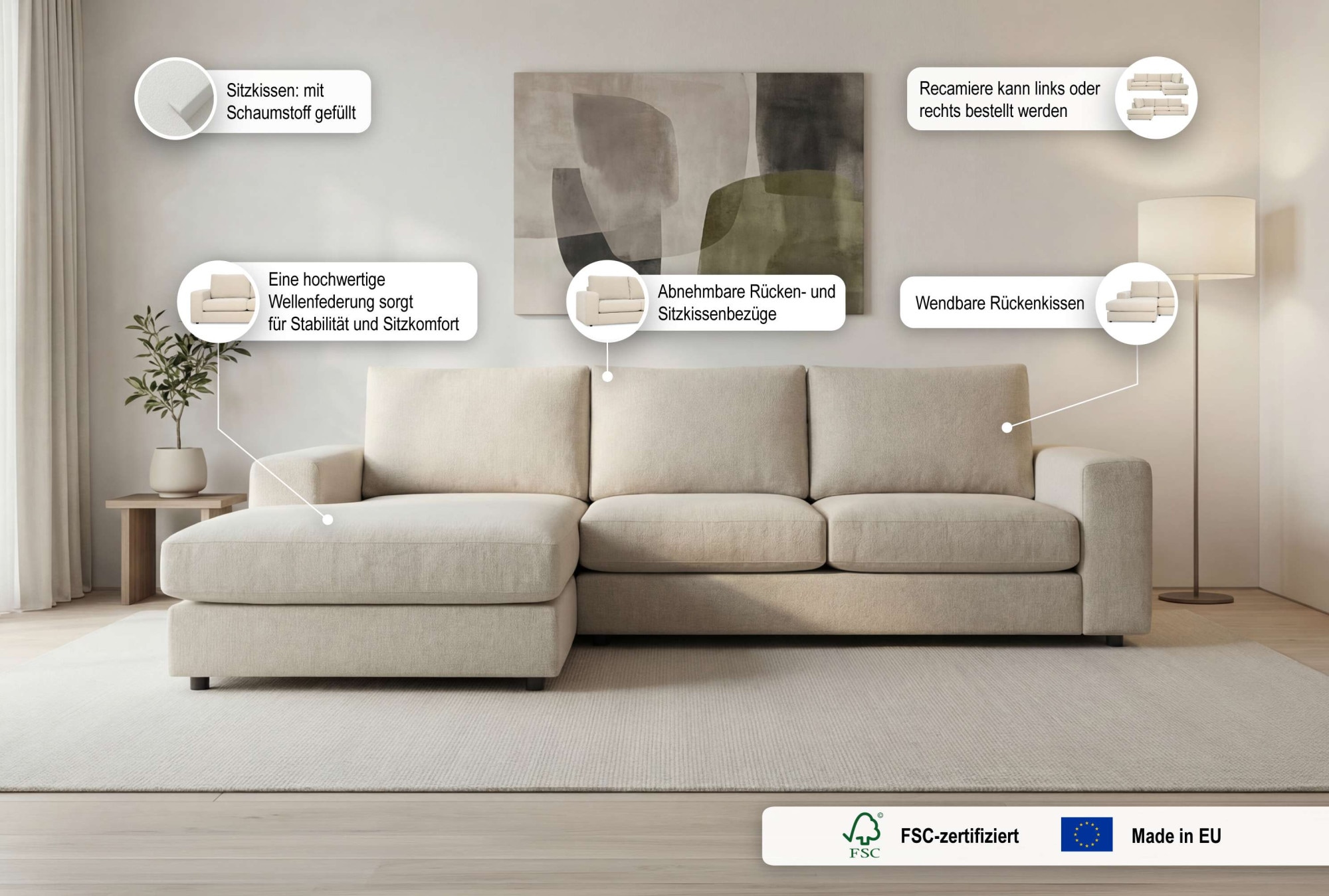 GOODproduct Canapé d'angle »Nivette, weiches Chenille« Breite 269 cm, L-Form, bodentief, mit Wellenunterfederung