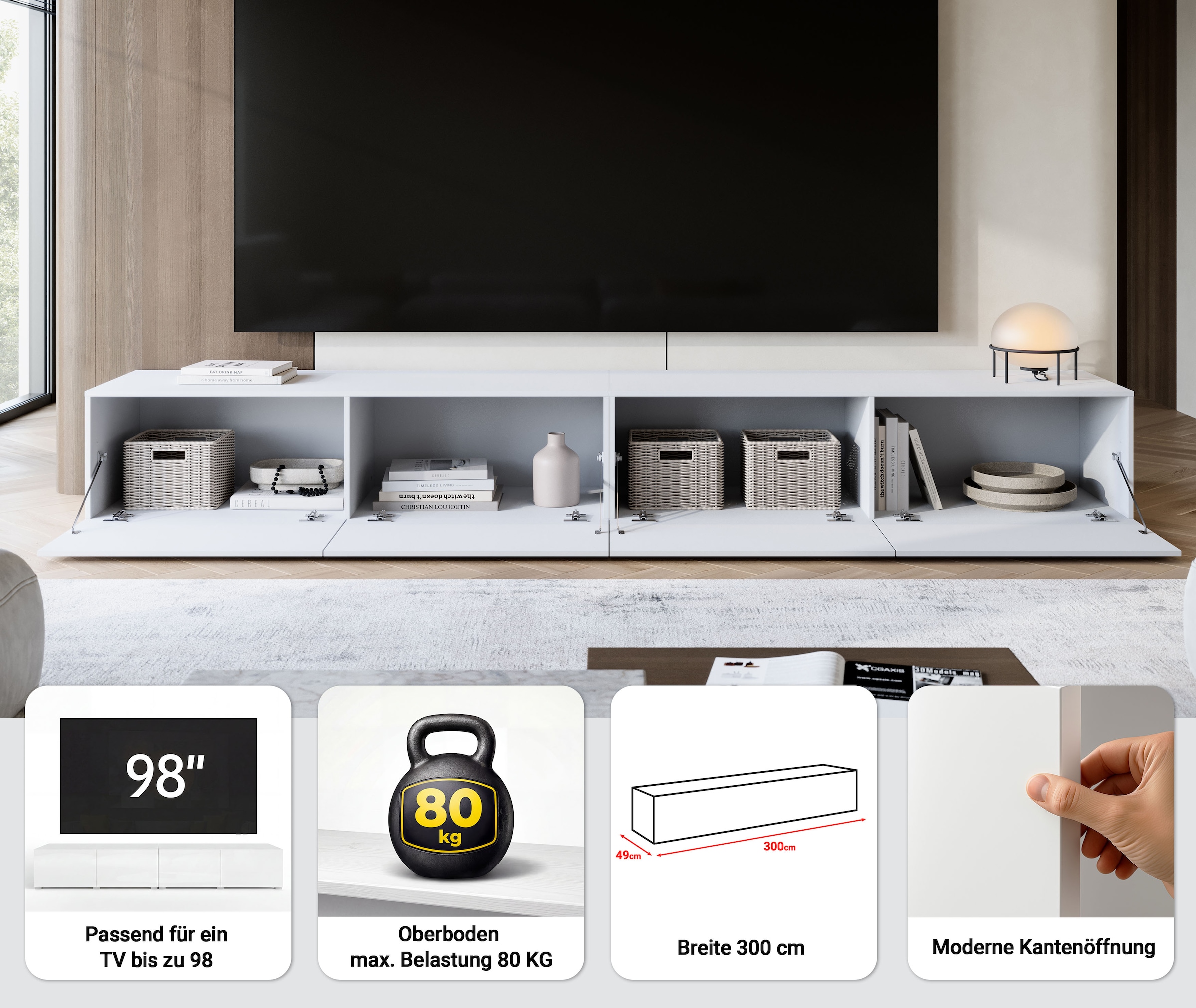 GOODproduct Lowboard »Denver Erlebe die Weltmeisterschaft im XXL-Format« Elegantes TV-Möbel 300 cm, speziell für bis zu 98-Zoll Fernseher